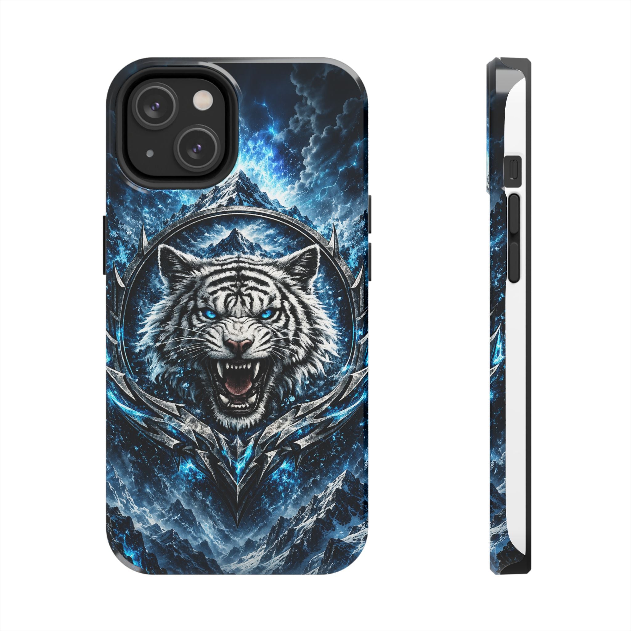 Blue White Tiger Tough Phone Case — Rugged Armor Cover with Fierce Snow Tiger Design