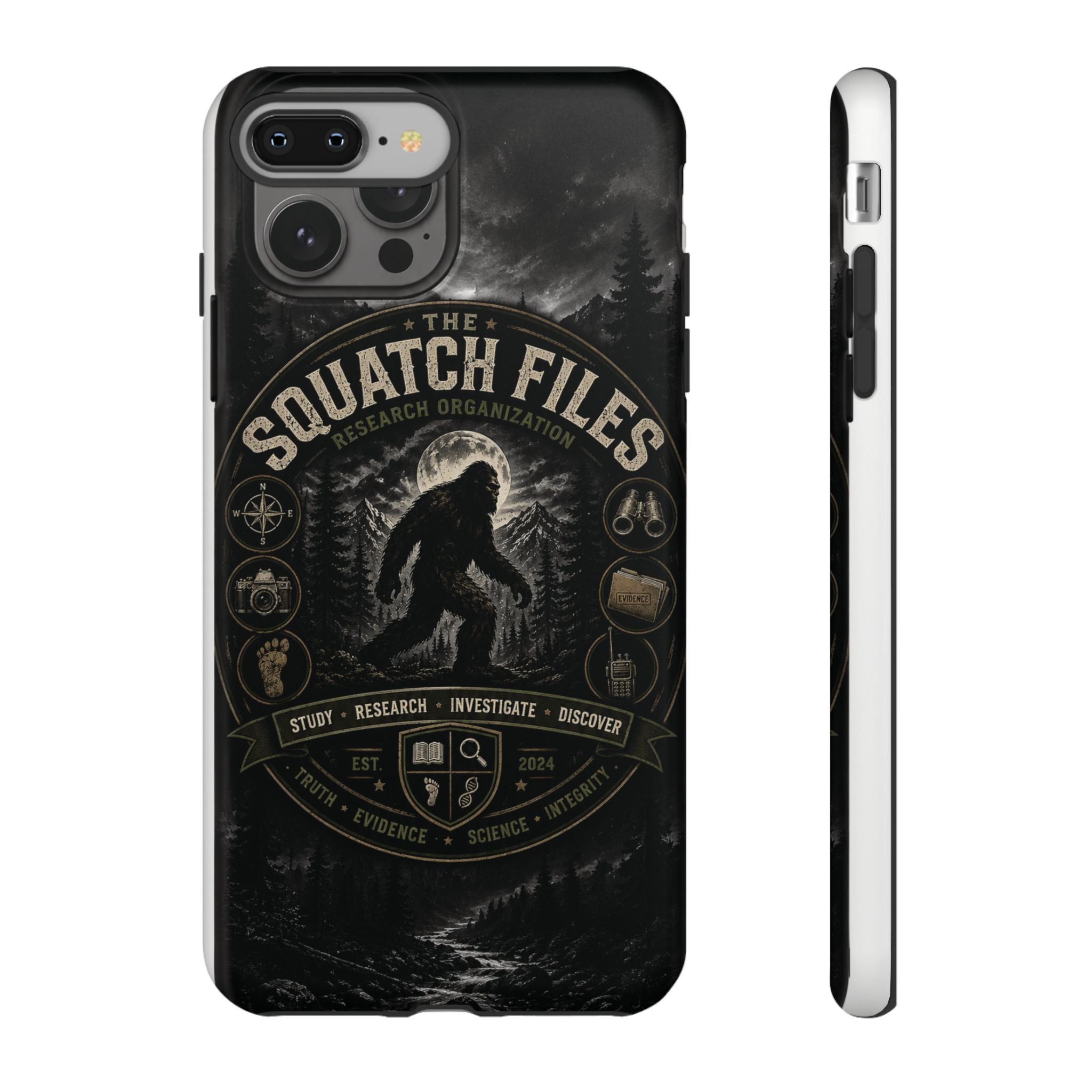 Squatch Files Research Organization Phone Case — Bigfoot Sasquatch Moonlit Forest Design