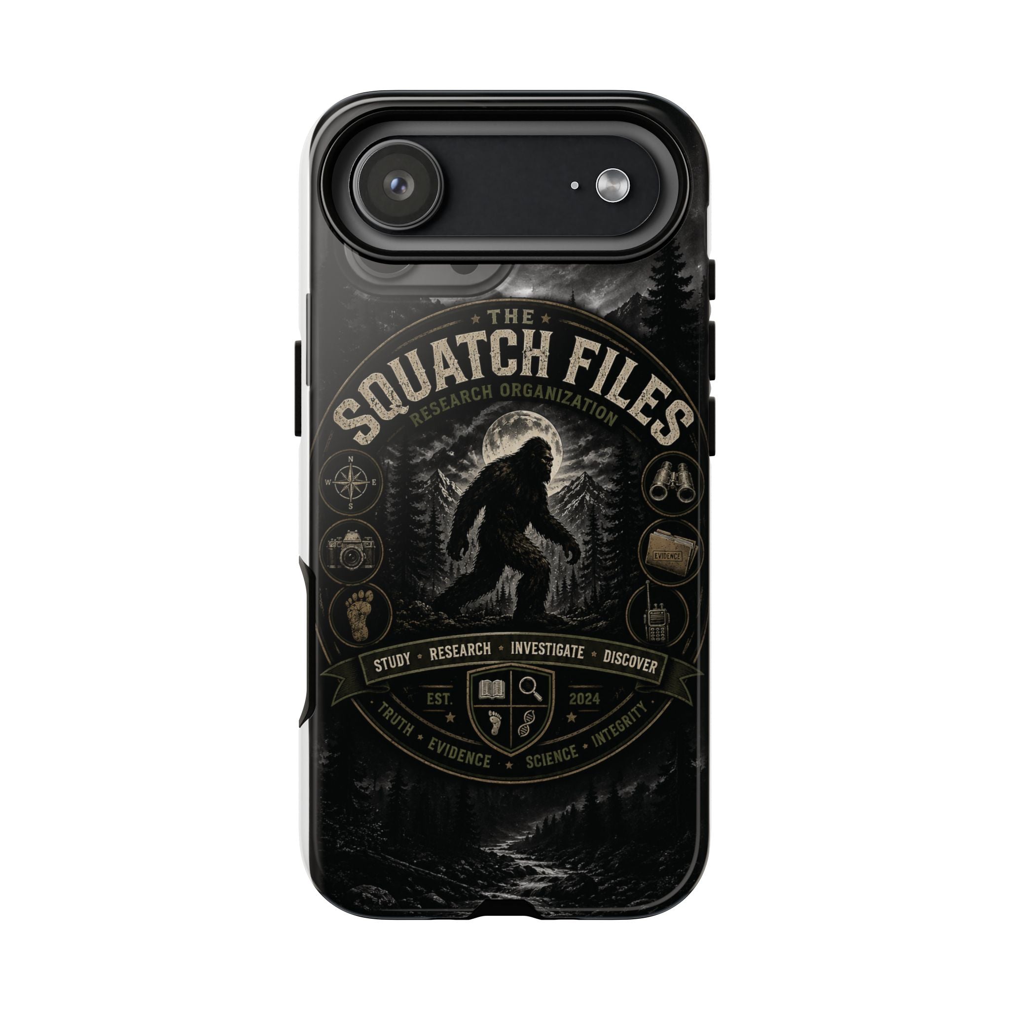 Squatch Files Research Organization Phone Case — Bigfoot Sasquatch Moonlit Forest Design