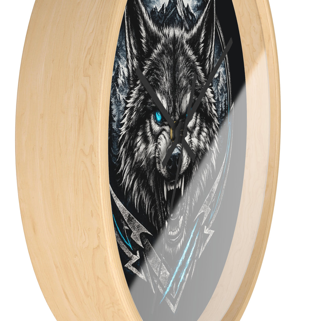 Howling Wolf Wall Clock — Fierce Blue-Eyed Wolf Cabin Decor