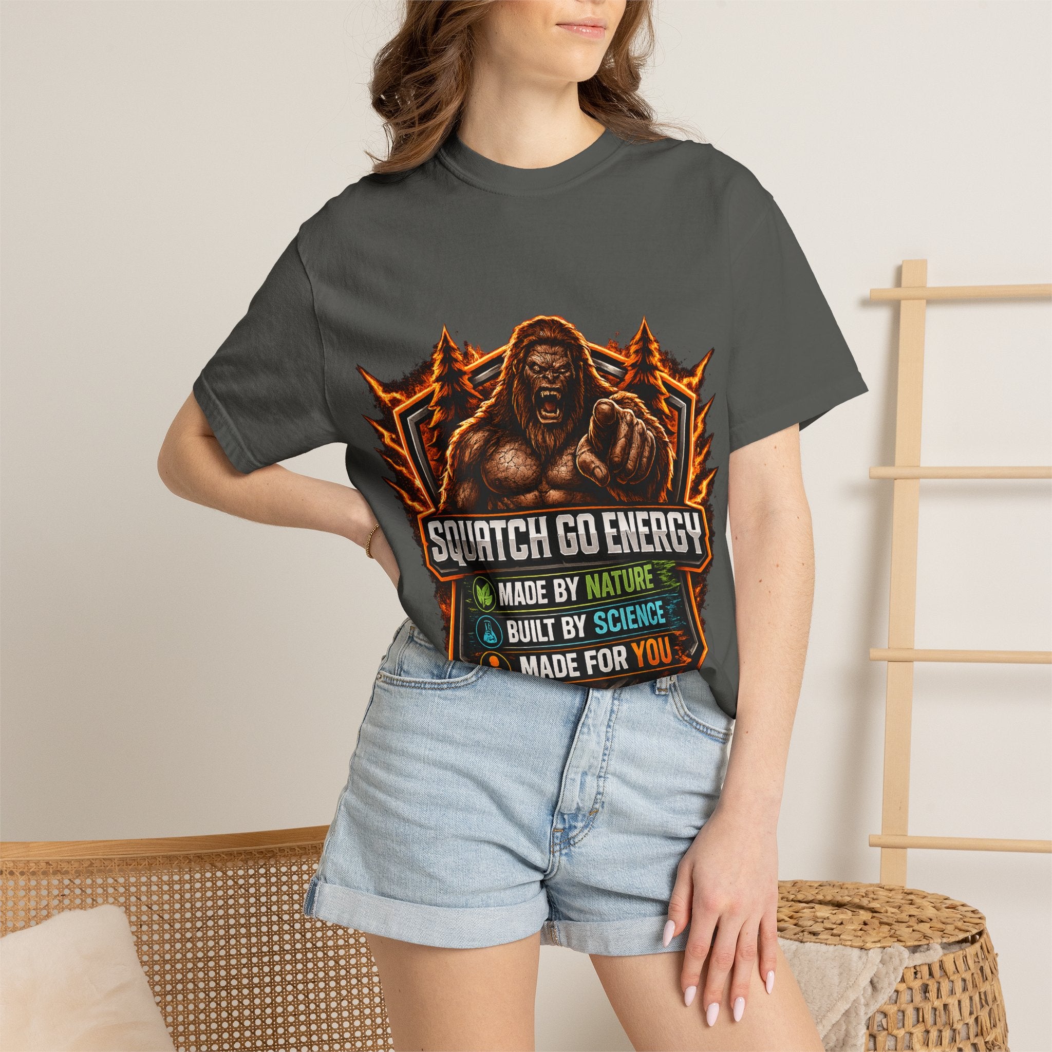 Squatch Go Energy T-Shirt — Sasquatch Vintage Badge Tee (Made by Nature • Built by Science)