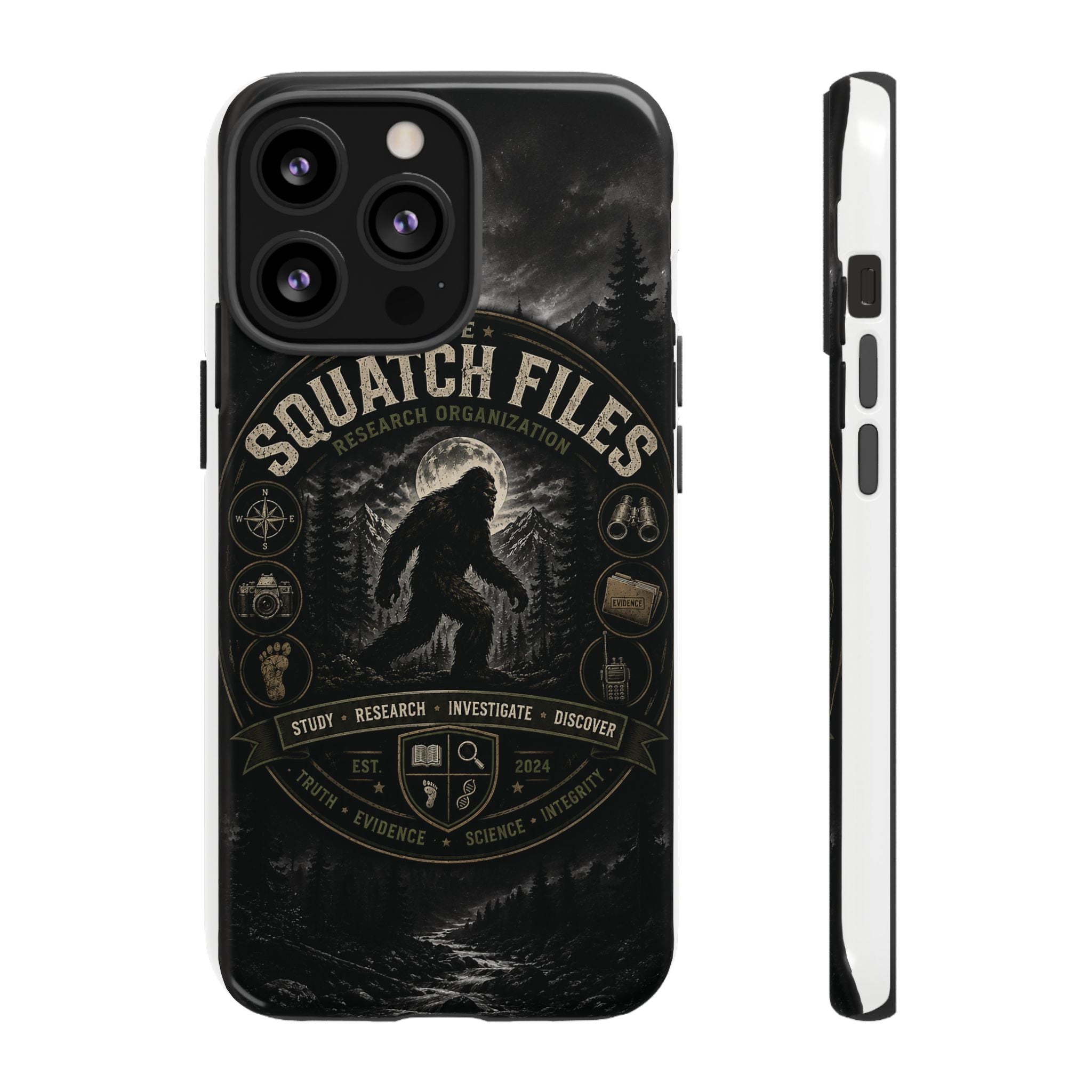 Squatch Files Research Organization Phone Case — Bigfoot Sasquatch Moonlit Forest Design