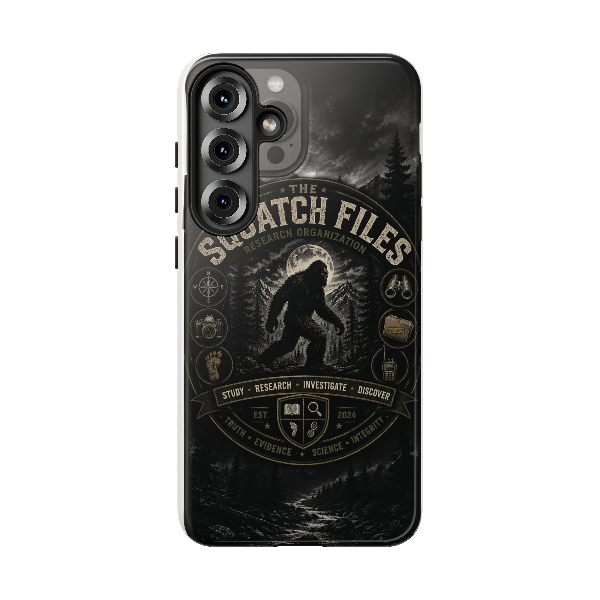 Squatch Files Research Organization Phone Case — Bigfoot Sasquatch Moonlit Forest Design