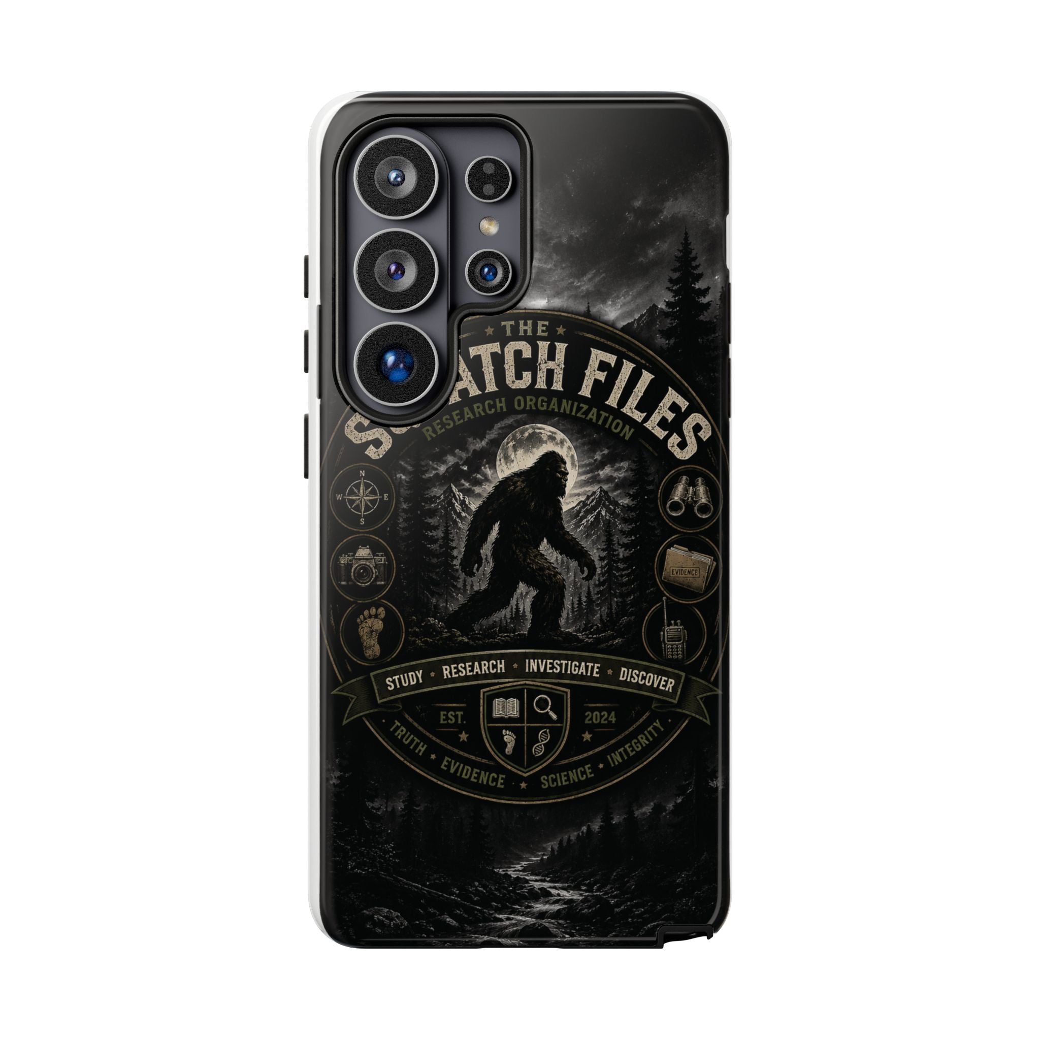 Squatch Files Research Organization Phone Case — Bigfoot Sasquatch Moonlit Forest Design