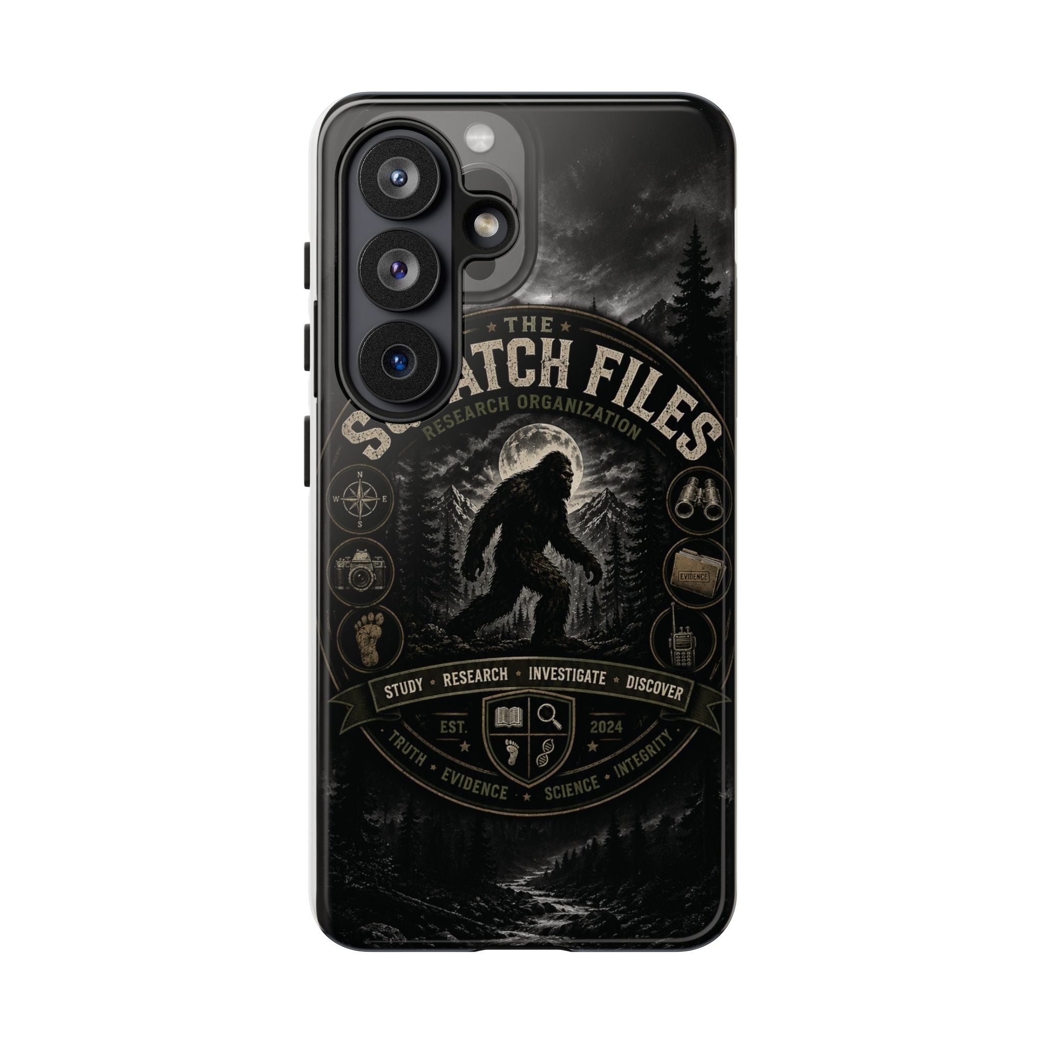 Squatch Files Research Organization Phone Case — Bigfoot Sasquatch Moonlit Forest Design