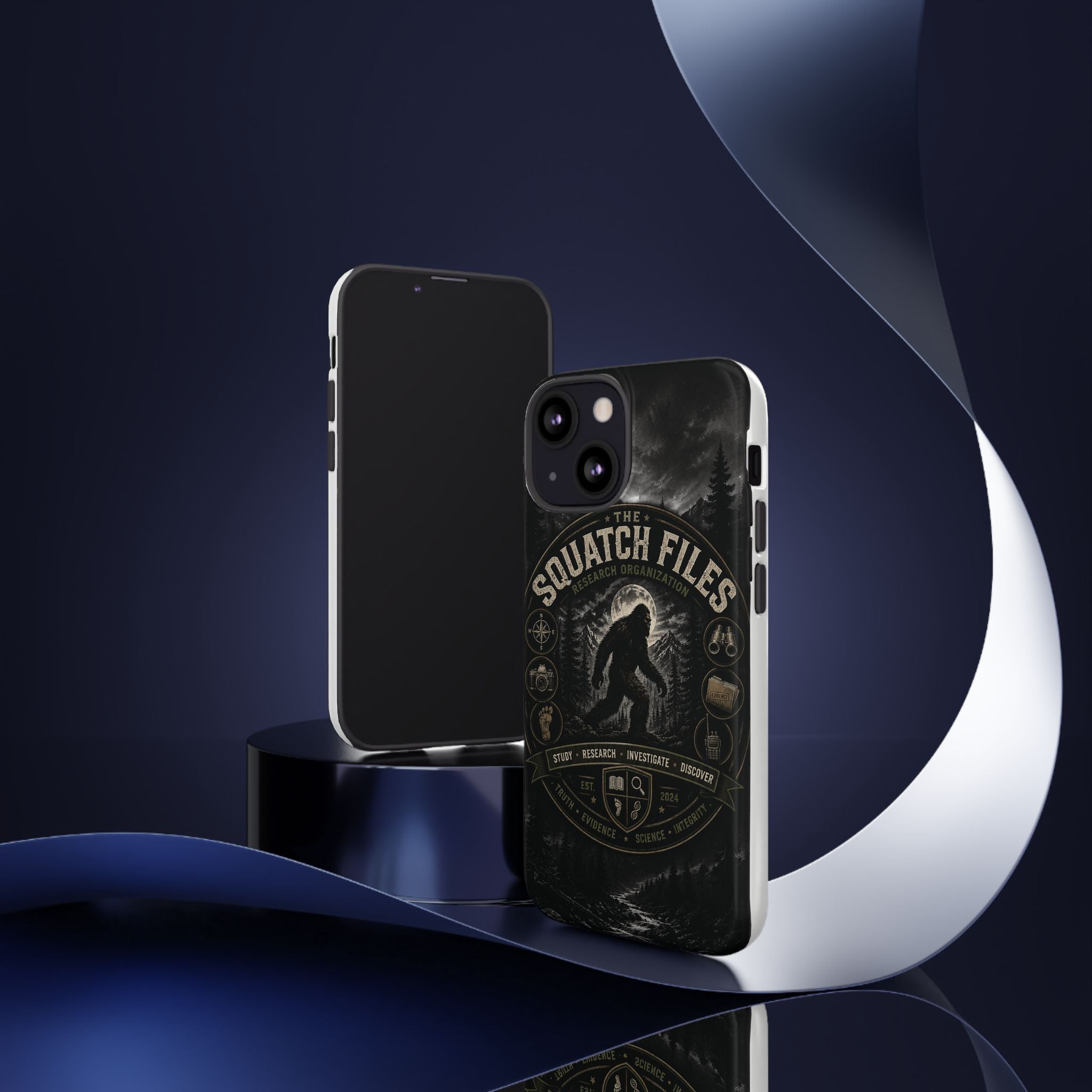 Squatch Files Research Organization Phone Case — Bigfoot Sasquatch Moonlit Forest Design