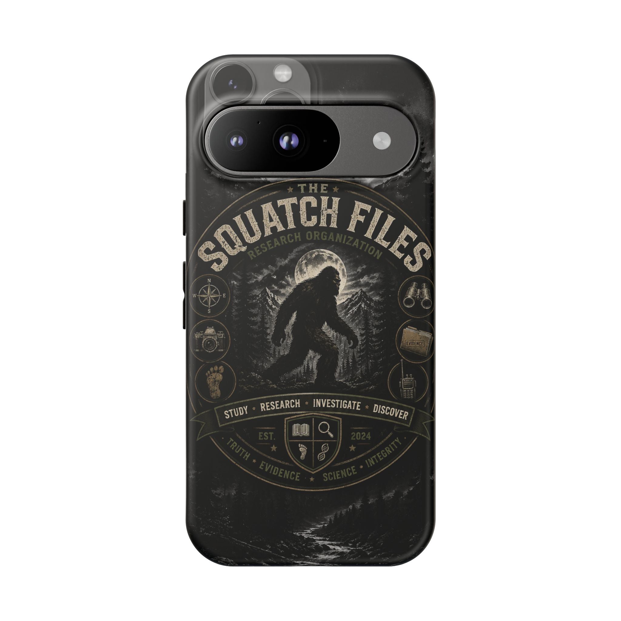 Squatch Files Research Organization Phone Case — Bigfoot Sasquatch Moonlit Forest Design