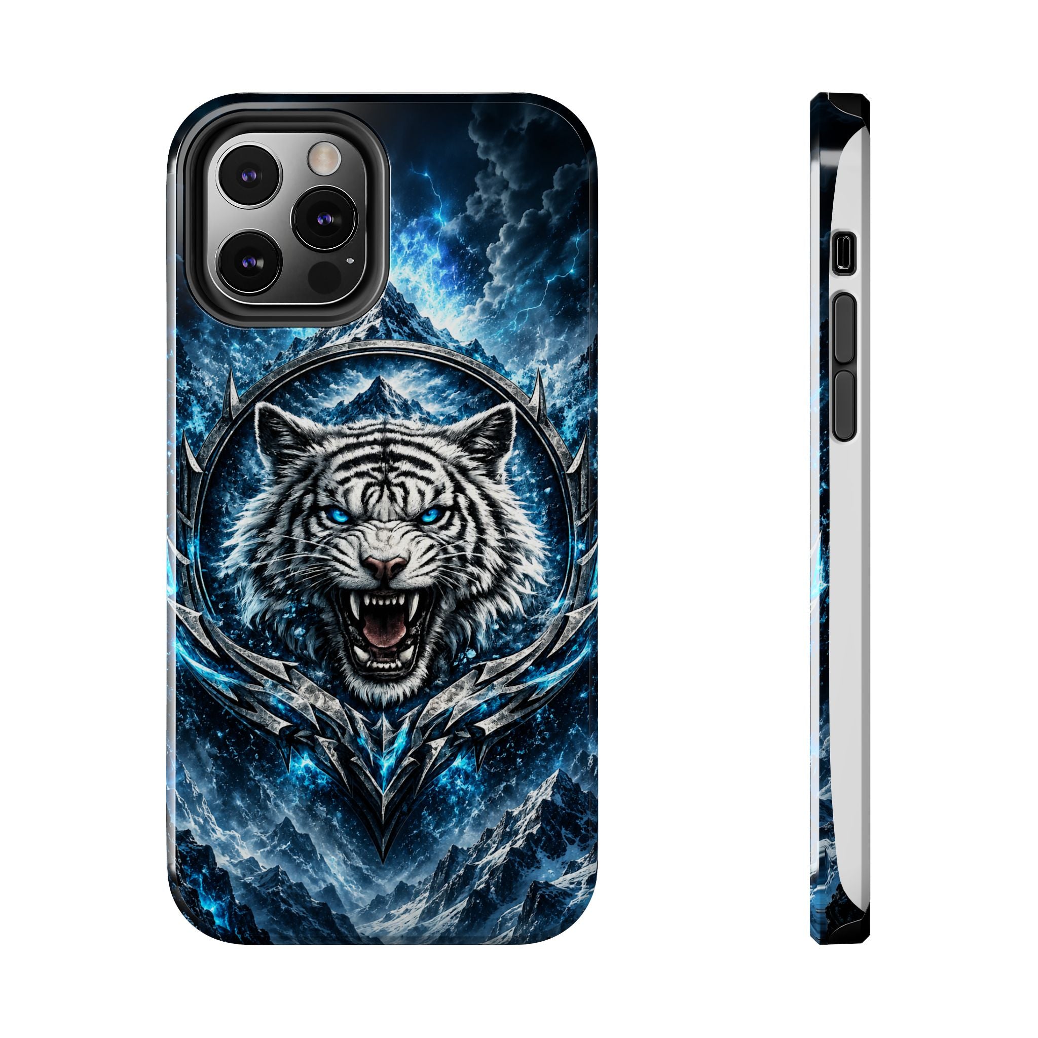 Blue White Tiger Tough Phone Case — Rugged Armor Cover with Fierce Snow Tiger Design