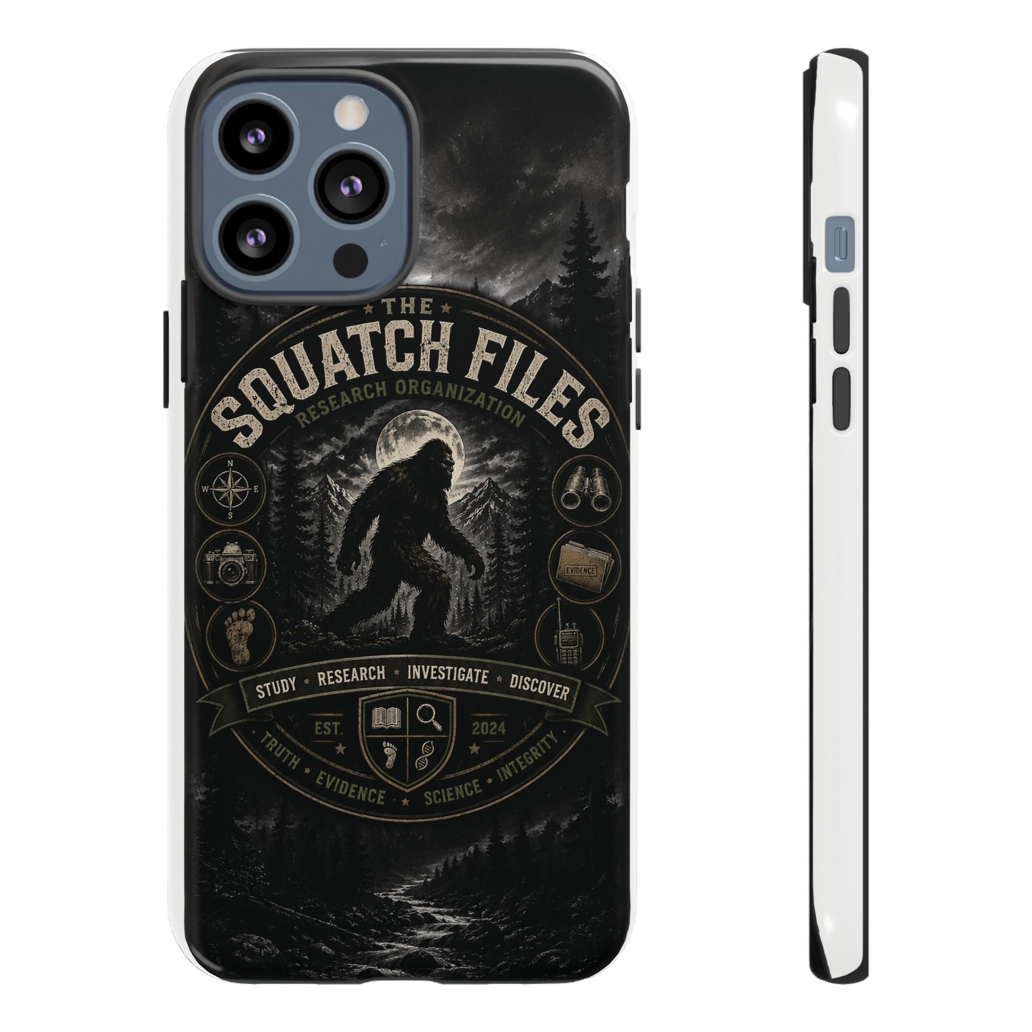 Squatch Files Research Organization Phone Case — Bigfoot Sasquatch Moonlit Forest Design