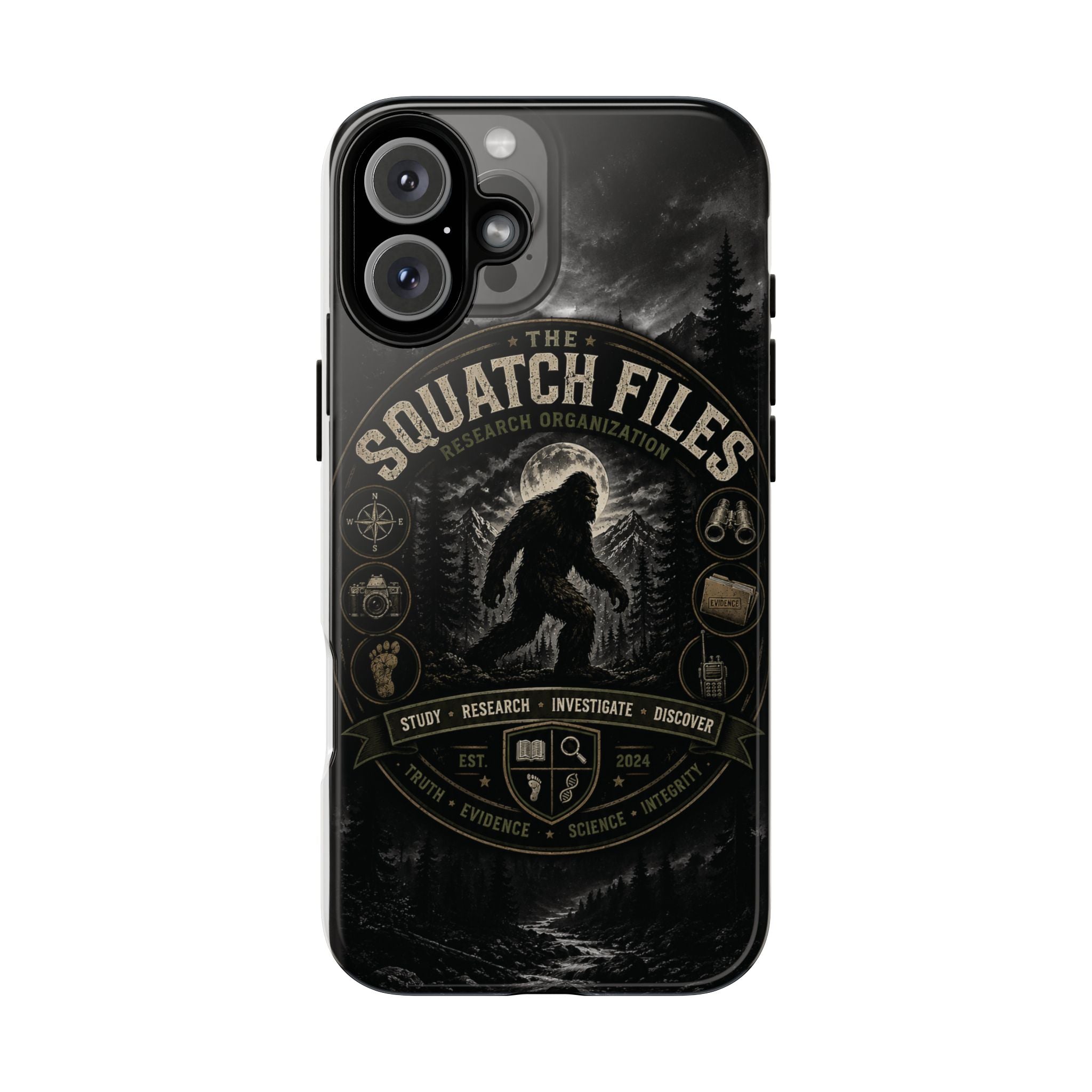 Squatch Files Research Organization Phone Case — Bigfoot Sasquatch Moonlit Forest Design