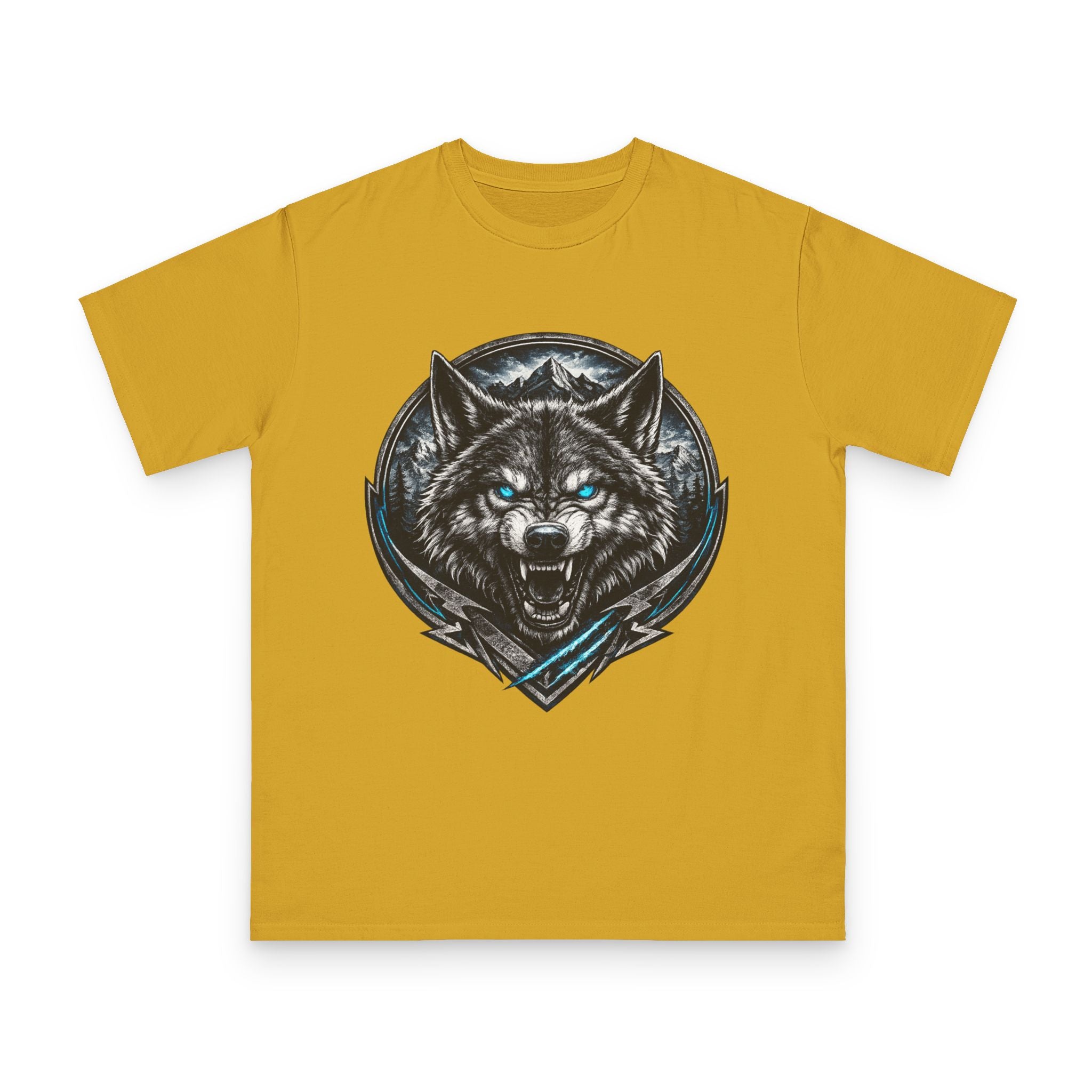 Wolf Head Graphic T-Shirt — Fierce Blue-Eyed Wolf Crest Tee