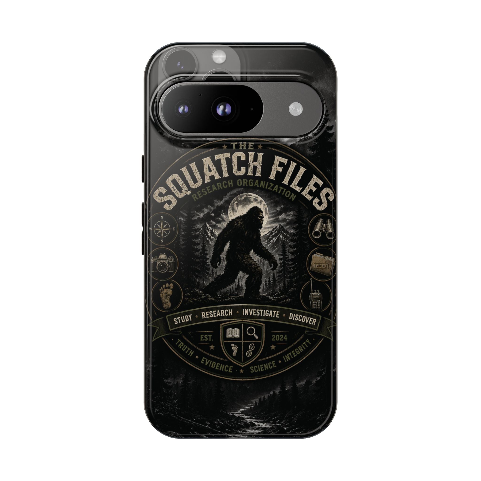 Squatch Files Research Organization Phone Case — Bigfoot Sasquatch Moonlit Forest Design