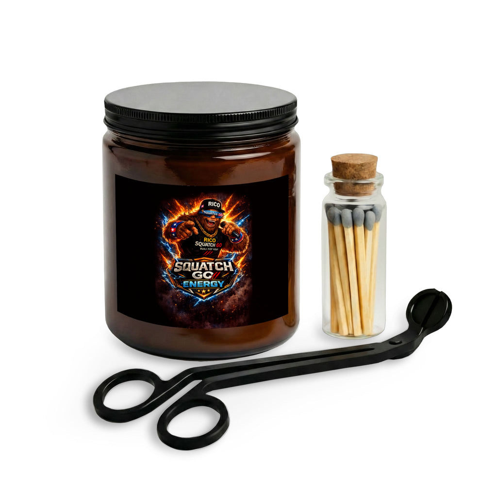 Sasquatch BBQ Candles Set — Amber Jar Candle with Matches & Wick Trimmer