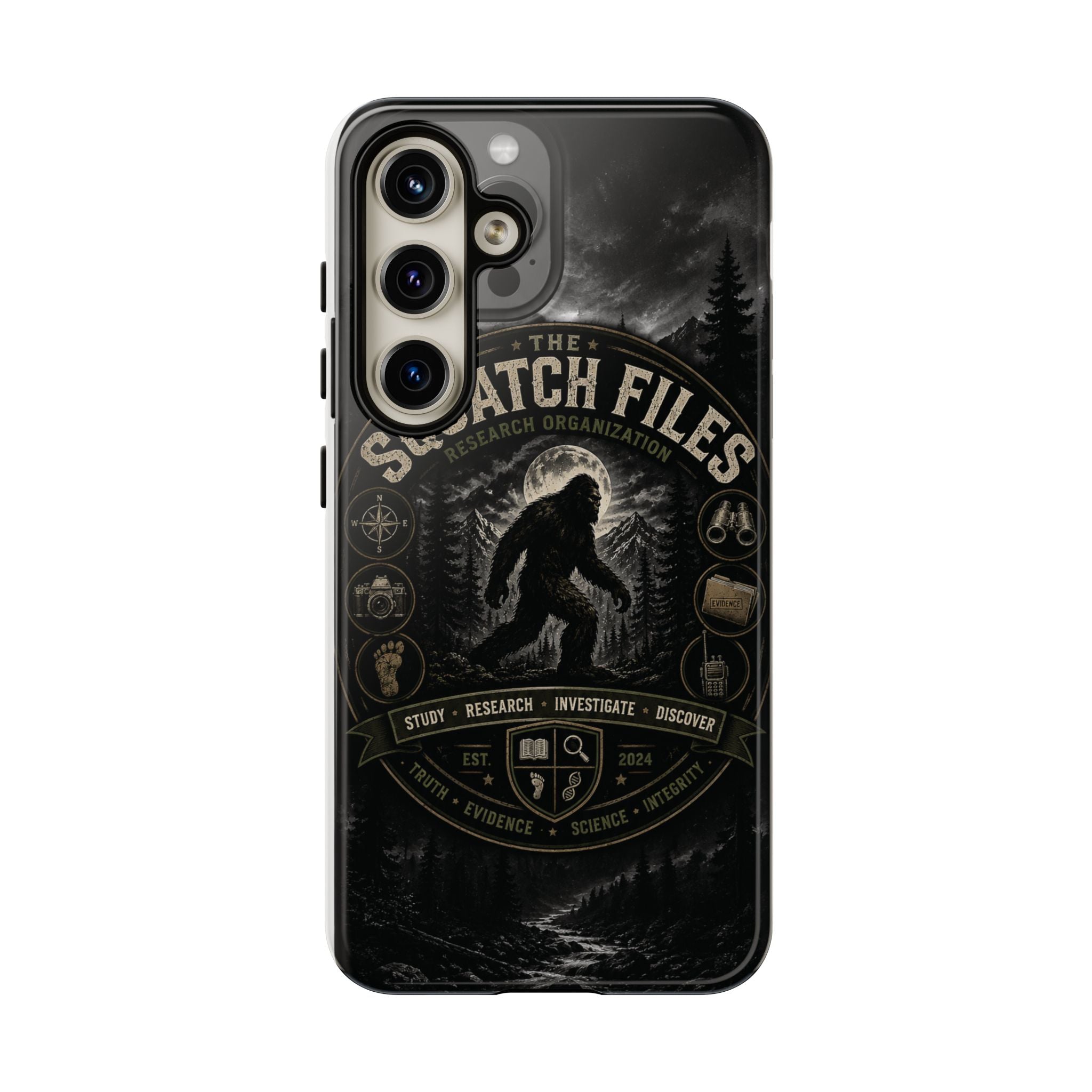 Squatch Files Research Organization Phone Case — Bigfoot Sasquatch Moonlit Forest Design