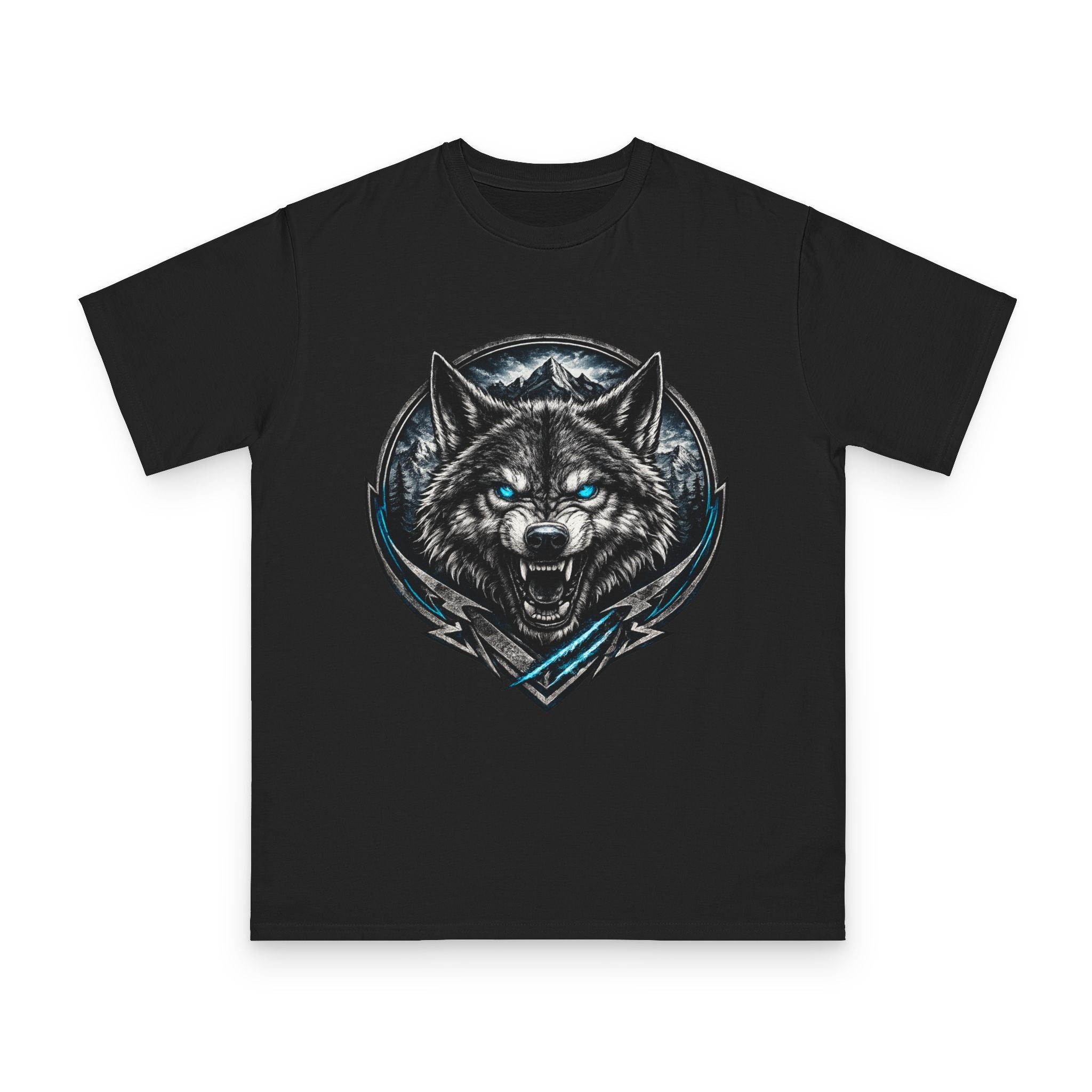 Wolf Head Graphic T-Shirt — Fierce Blue-Eyed Wolf Crest Tee
