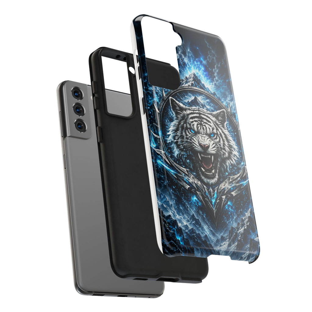 Blue White Tiger Tough Phone Case — Rugged Armor Cover with Fierce Snow Tiger Design