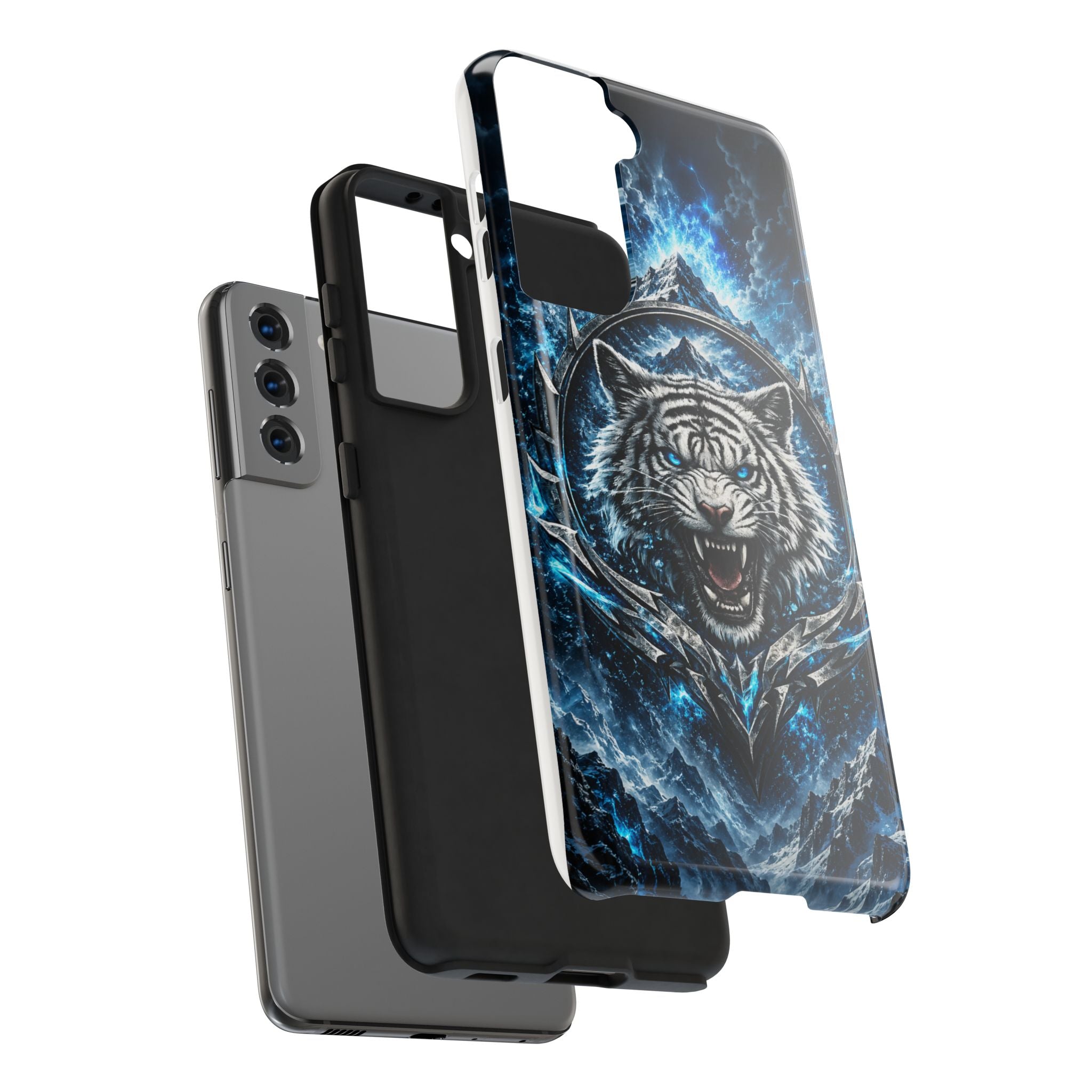 Blue White Tiger Tough Phone Case — Rugged Armor Cover with Fierce Snow Tiger Design