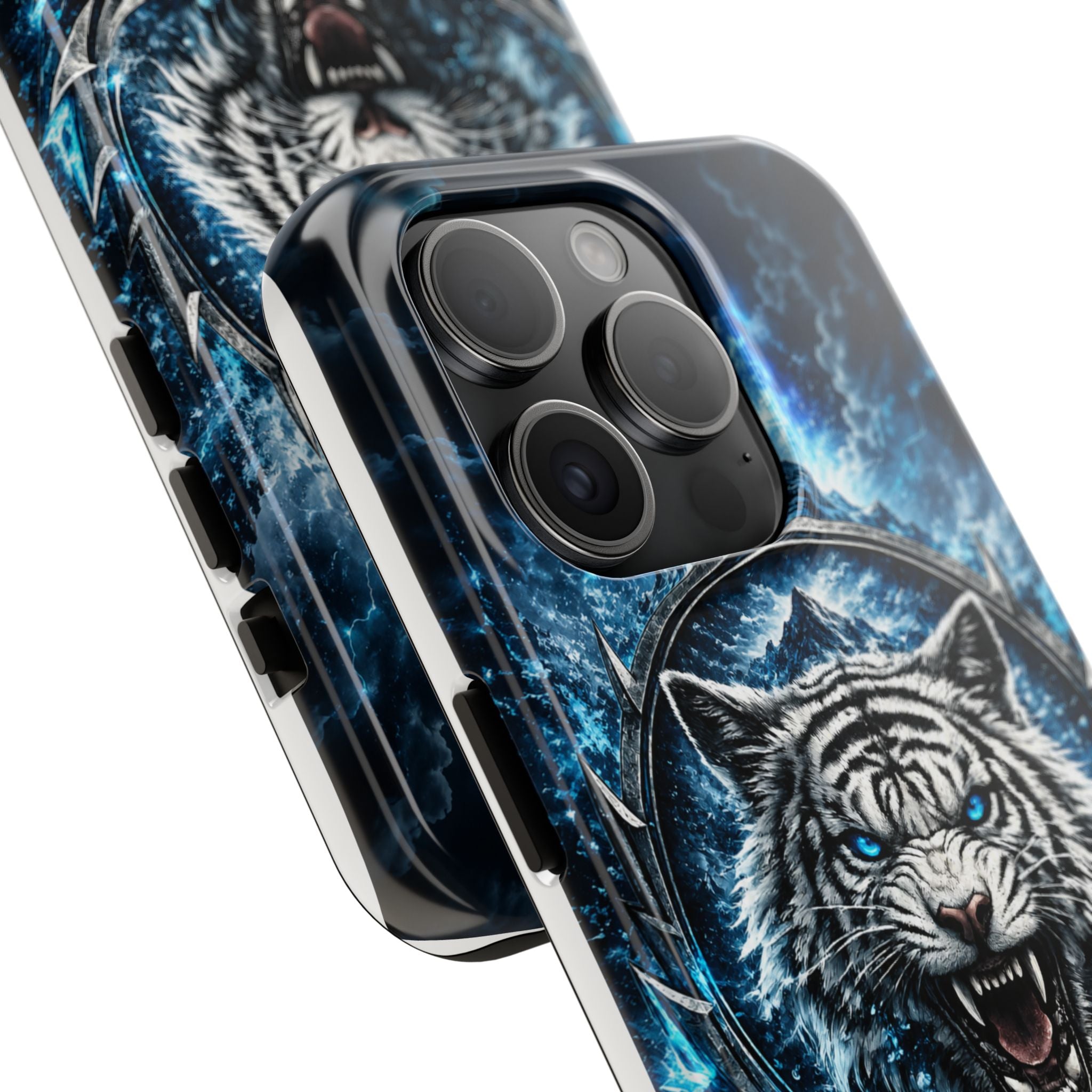 Blue White Tiger Tough Phone Case — Rugged Armor Cover with Fierce Snow Tiger Design