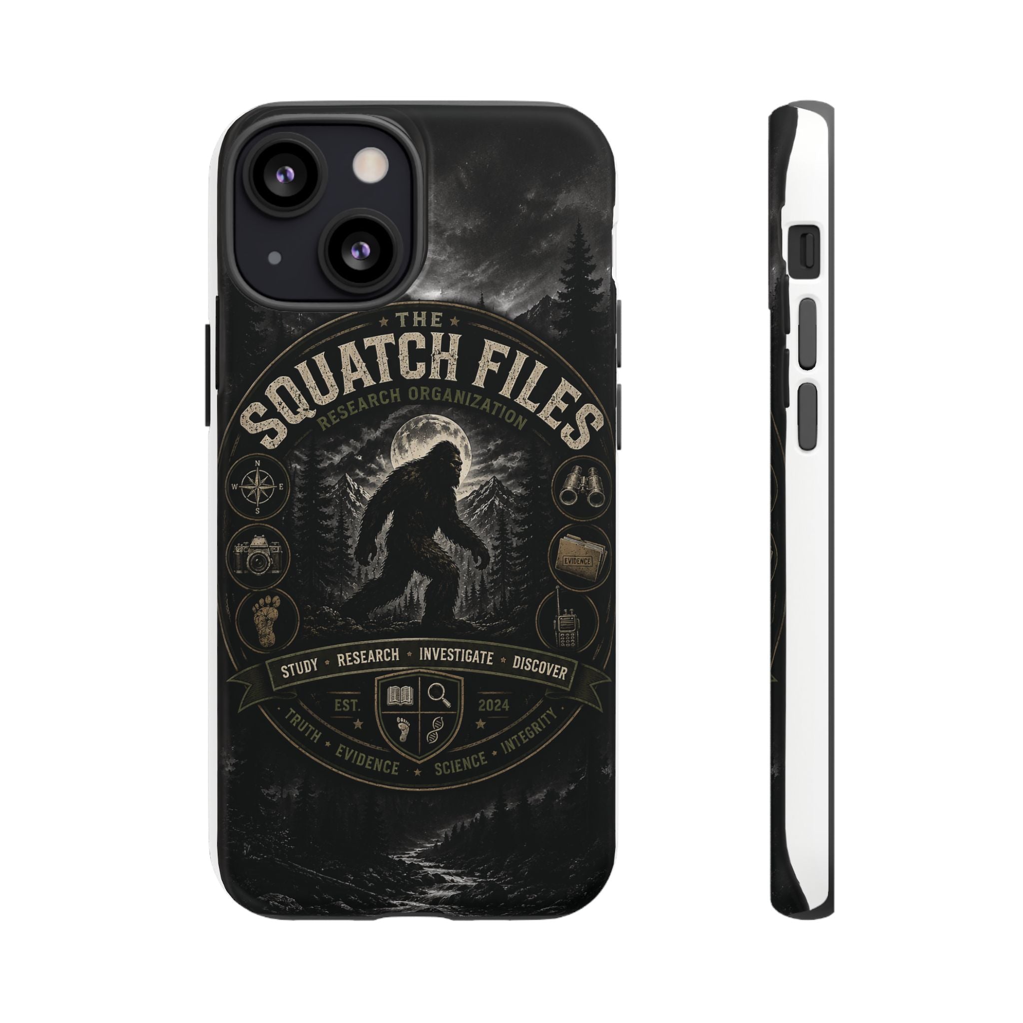 Squatch Files Research Organization Phone Case — Bigfoot Sasquatch Moonlit Forest Design