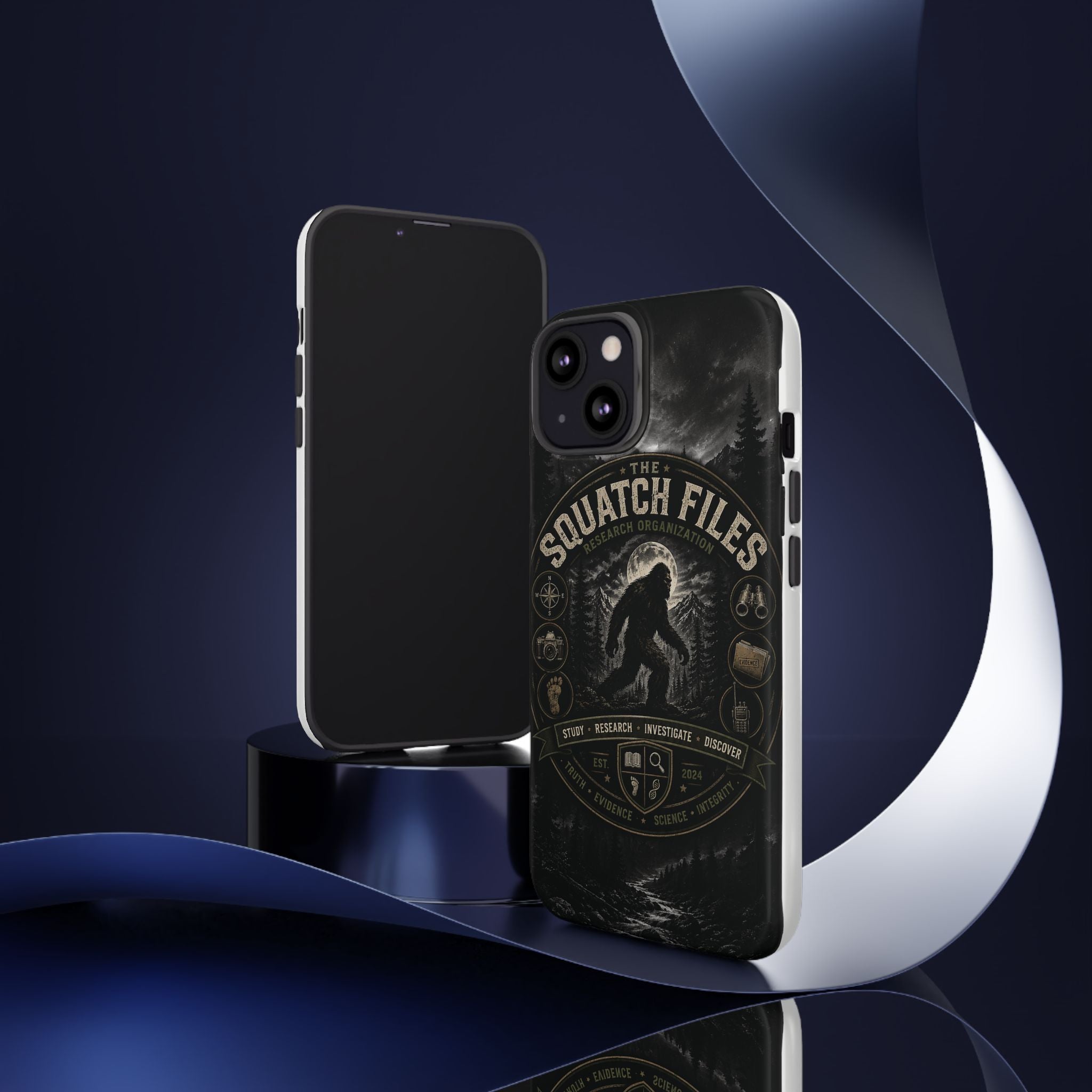 Squatch Files Research Organization Phone Case — Bigfoot Sasquatch Moonlit Forest Design