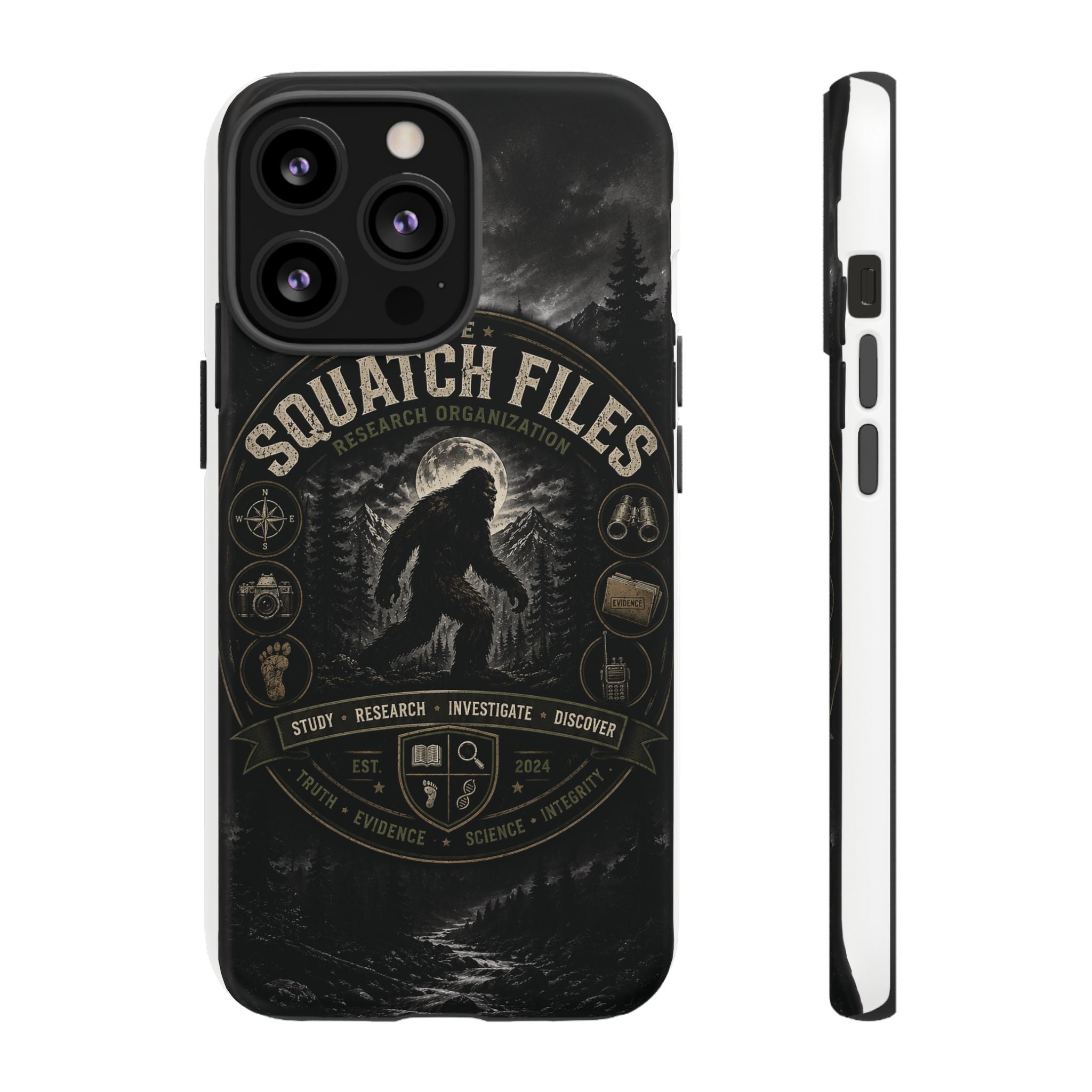 Squatch Files Research Organization Phone Case — Bigfoot Sasquatch Moonlit Forest Design
