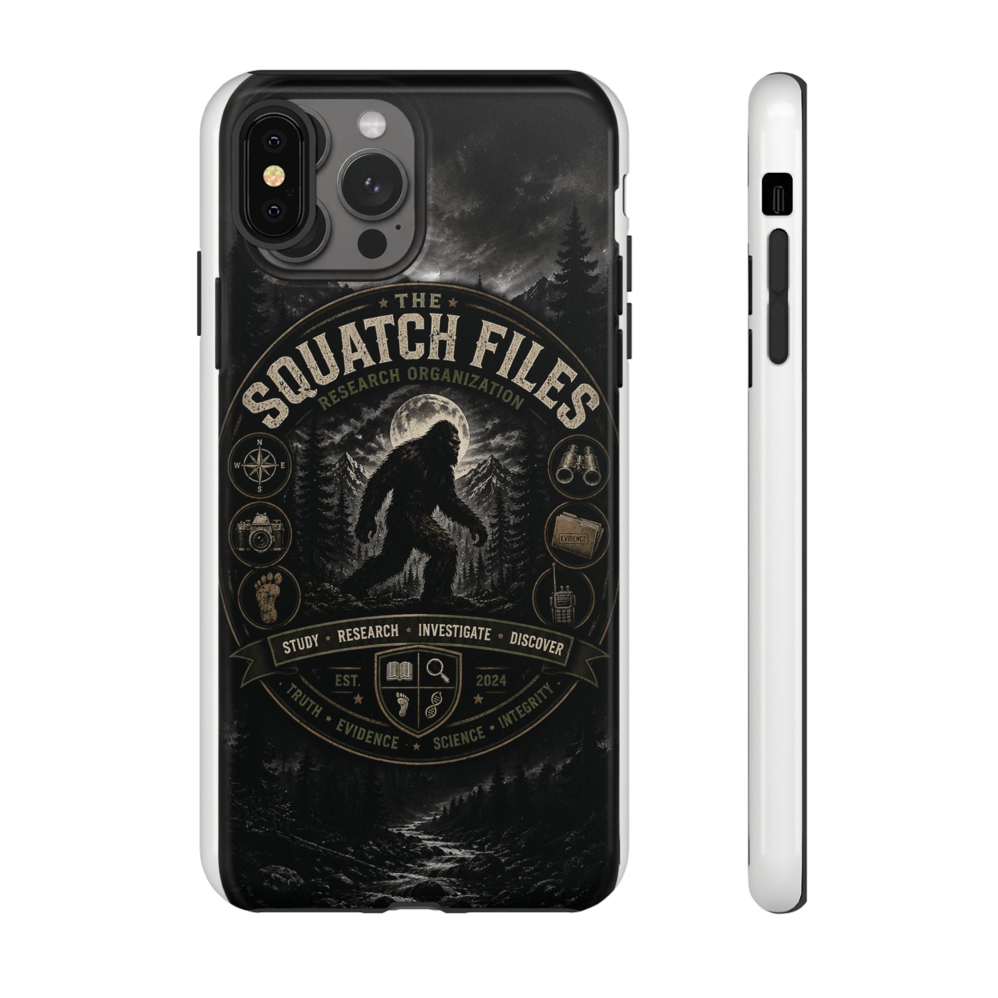 Squatch Files Research Organization Phone Case — Bigfoot Sasquatch Moonlit Forest Design