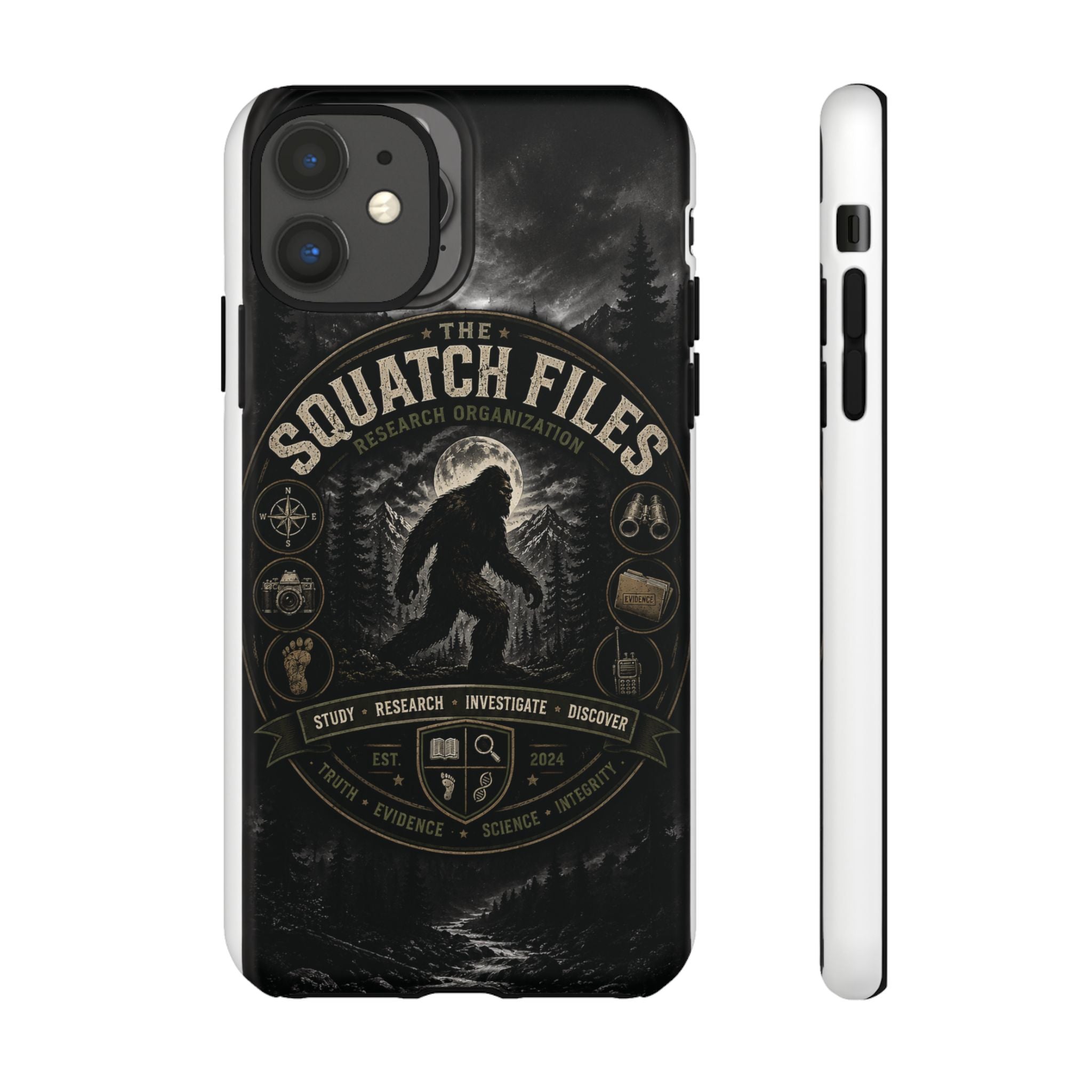 Squatch Files Research Organization Phone Case — Bigfoot Sasquatch Moonlit Forest Design