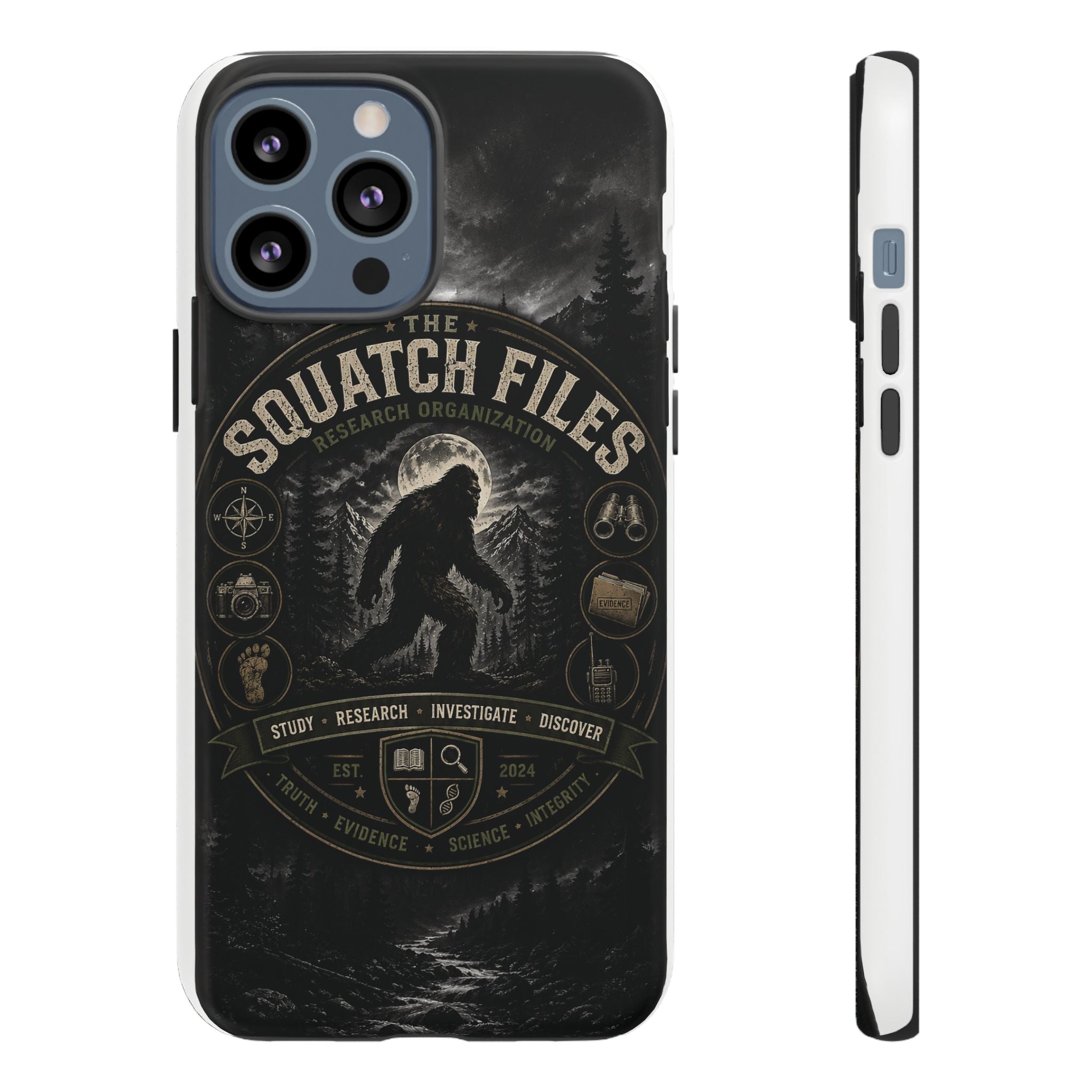 Squatch Files Research Organization Phone Case — Bigfoot Sasquatch Moonlit Forest Design