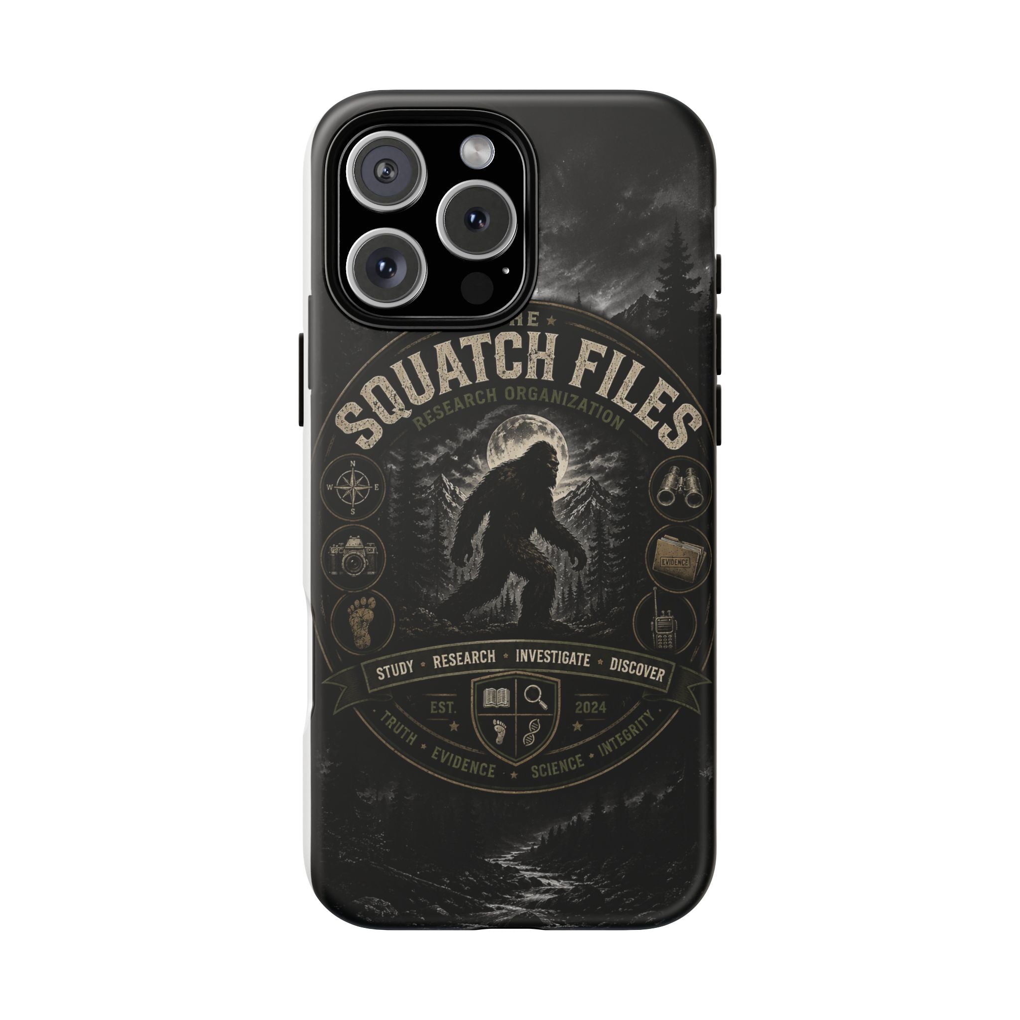 Squatch Files Research Organization Phone Case — Bigfoot Sasquatch Moonlit Forest Design