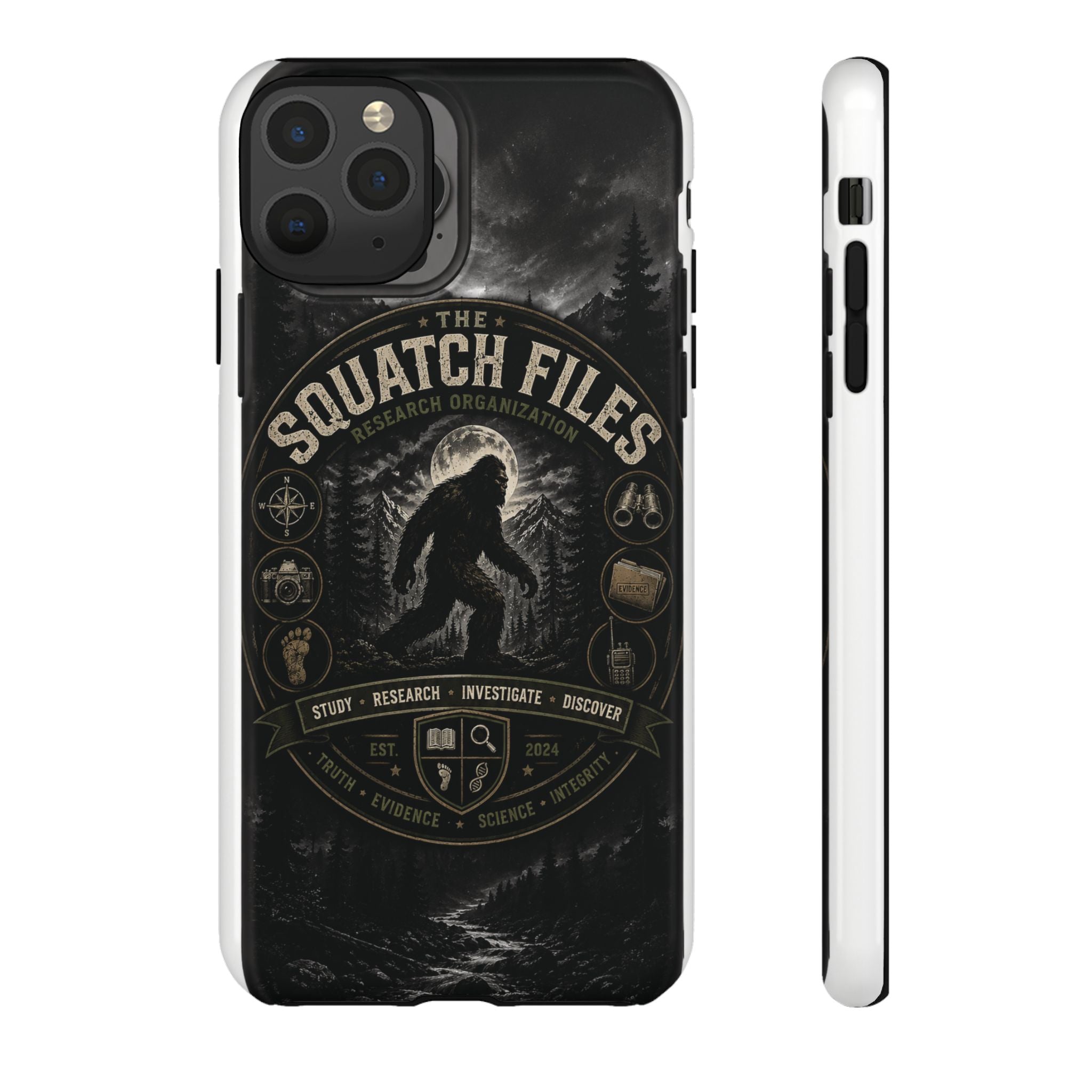 Squatch Files Research Organization Phone Case — Bigfoot Sasquatch Moonlit Forest Design