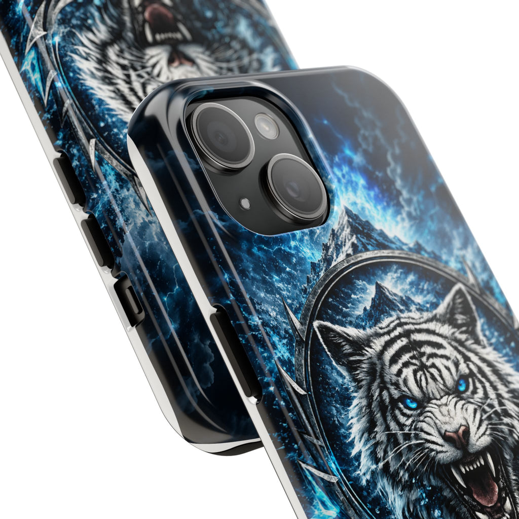 Blue White Tiger Tough Phone Case — Rugged Armor Cover with Fierce Snow Tiger Design
