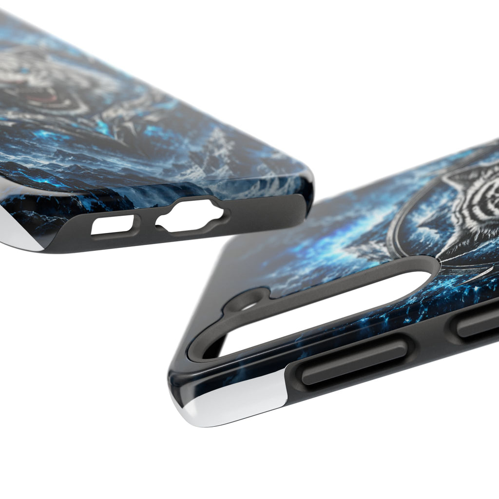 Blue White Tiger Tough Phone Case — Rugged Armor Cover with Fierce Snow Tiger Design