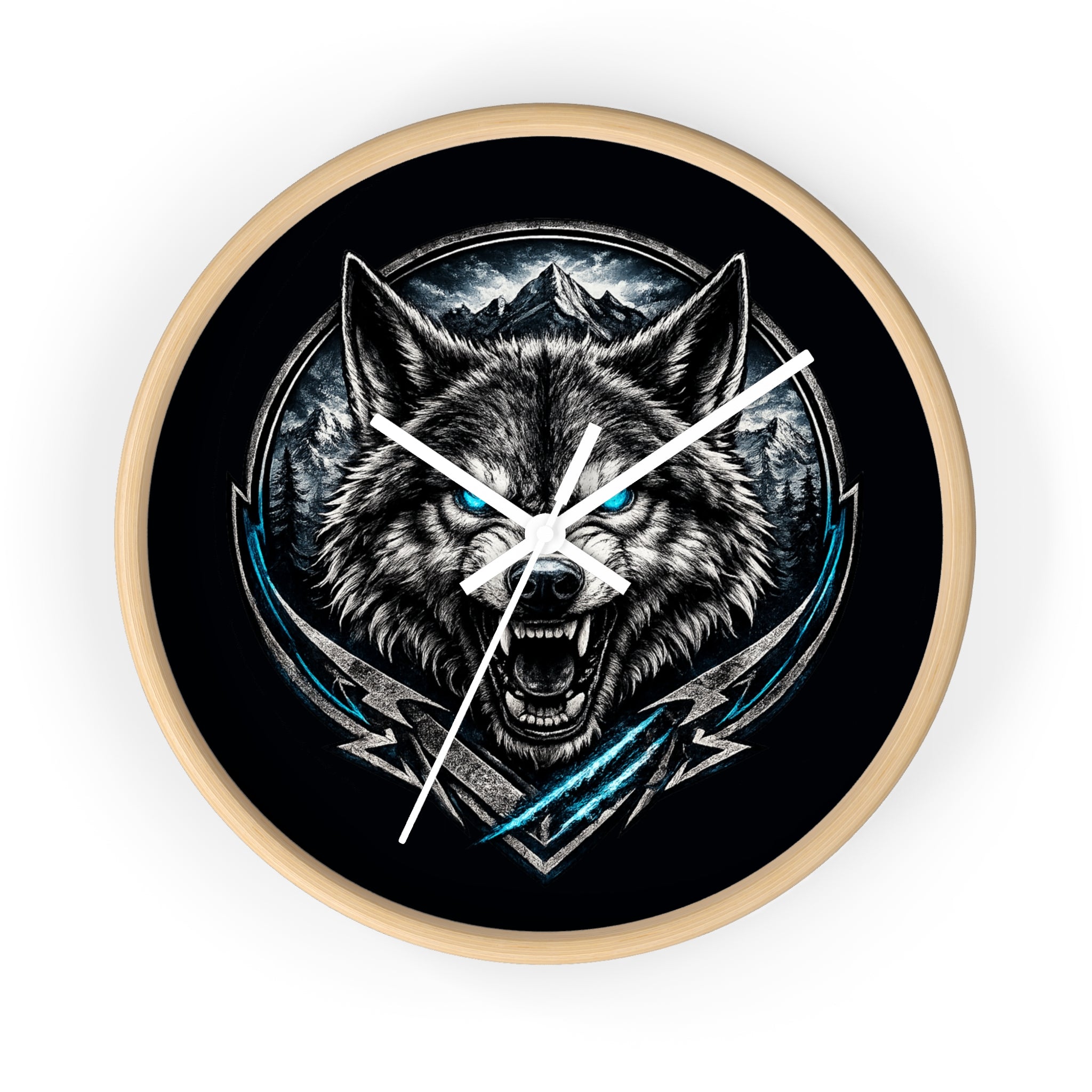 Howling Wolf Wall Clock — Fierce Blue-Eyed Wolf Cabin Decor