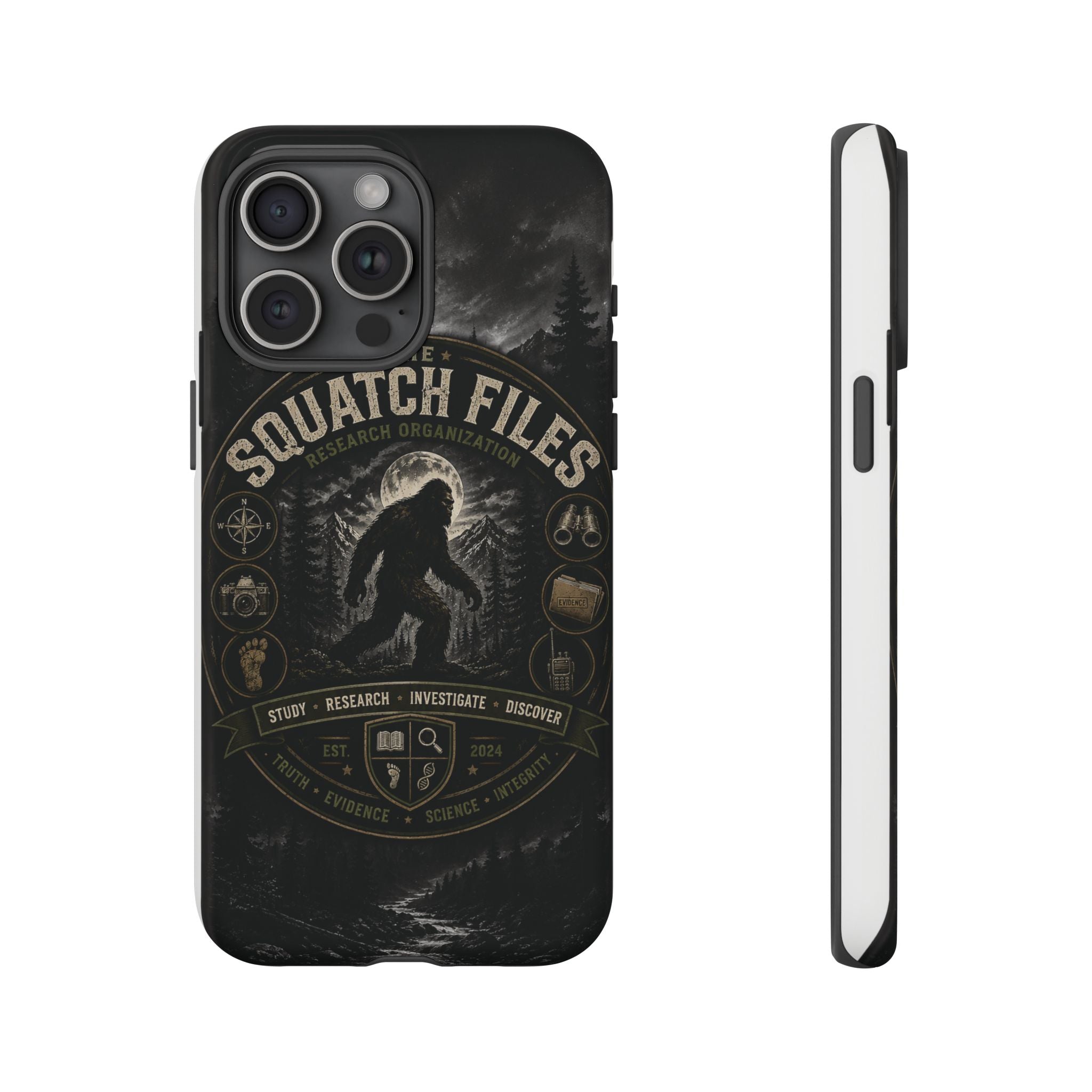 Squatch Files Research Organization Phone Case — Bigfoot Sasquatch Moonlit Forest Design