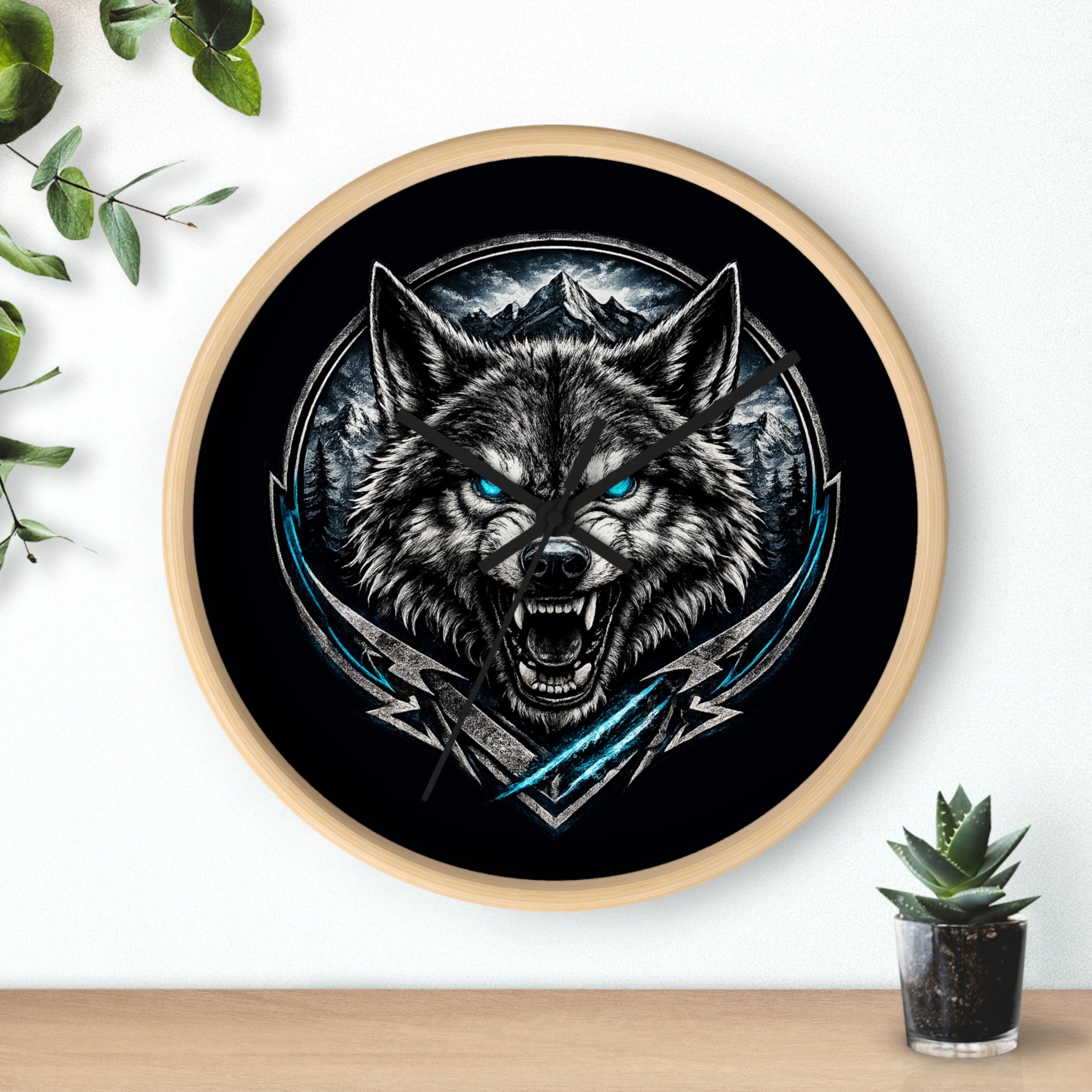 Howling Wolf Wall Clock — Fierce Blue-Eyed Wolf Cabin Decor