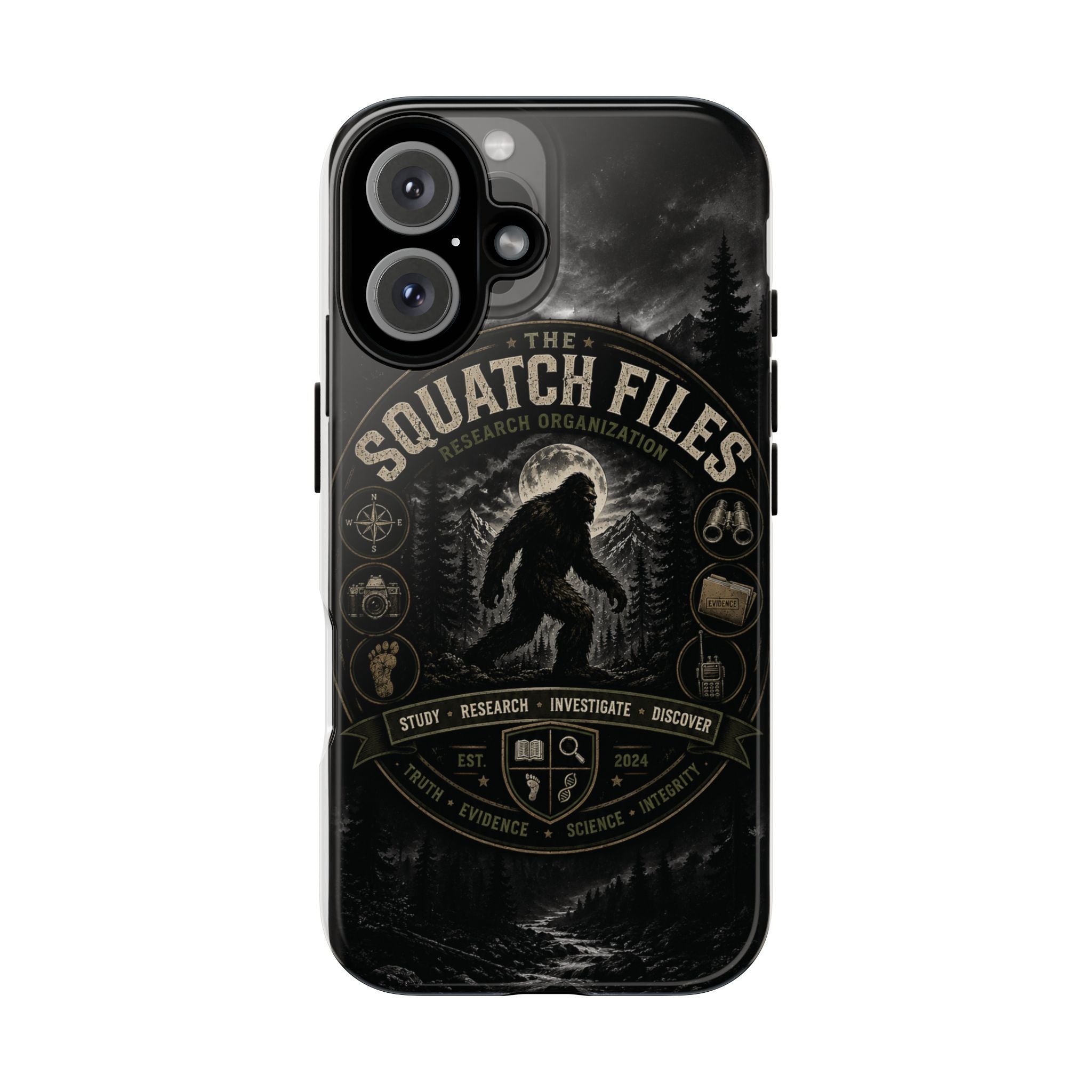 Squatch Files Research Organization Phone Case — Bigfoot Sasquatch Moonlit Forest Design