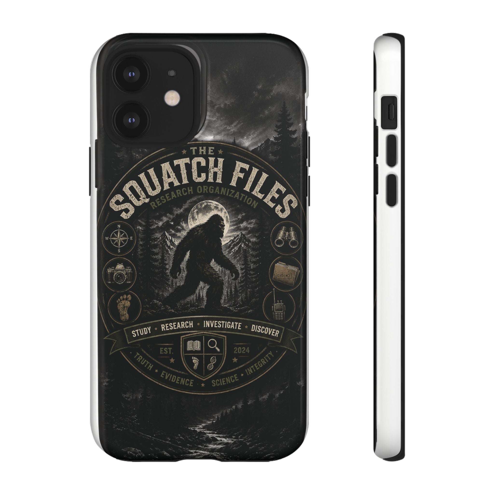 Squatch Files Research Organization Phone Case — Bigfoot Sasquatch Moonlit Forest Design