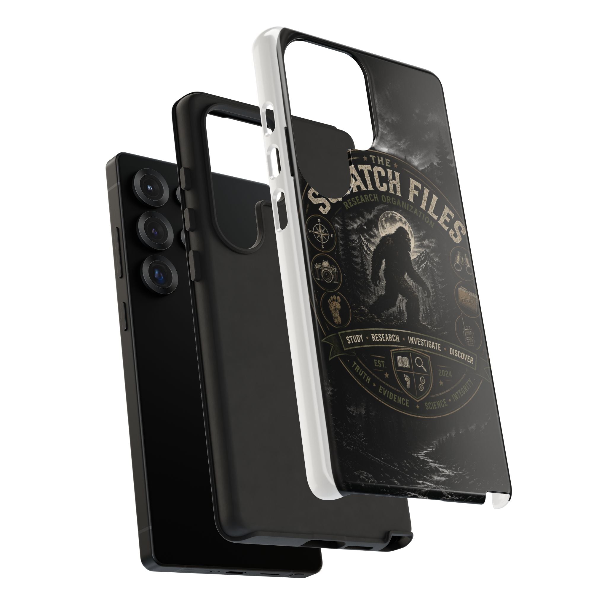 Squatch Files Research Organization Phone Case — Bigfoot Sasquatch Moonlit Forest Design