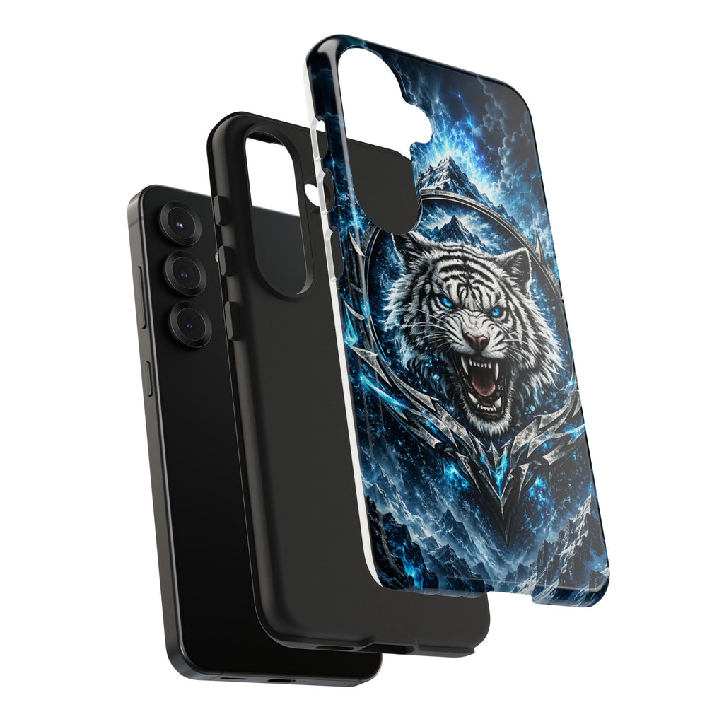Blue White Tiger Tough Phone Case — Rugged Armor Cover with Fierce Snow Tiger Design