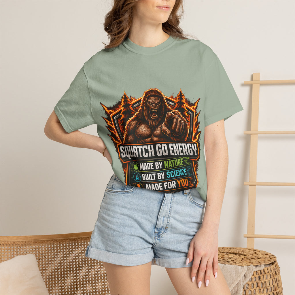 Squatch Go Energy T-Shirt — Sasquatch Vintage Badge Tee (Made by Nature • Built by Science)