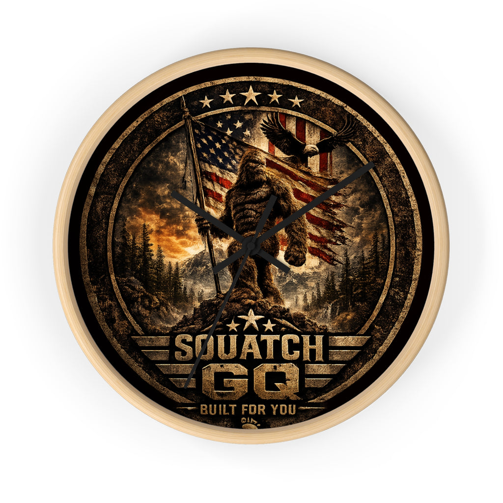Squatch GQ Rustic Bigfoot Wall Clock — Patriotic American Cabin Decor