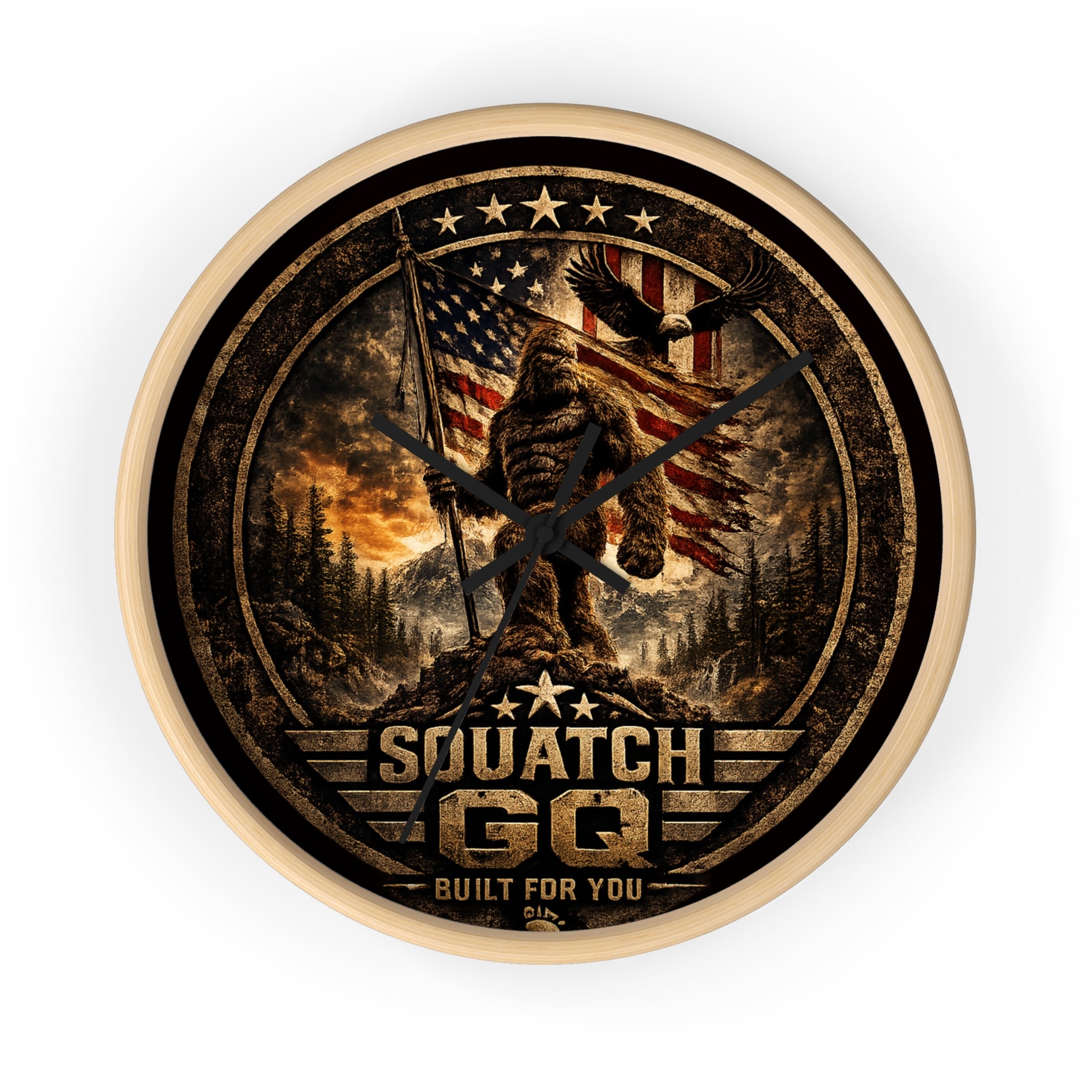 Squatch GQ Rustic Bigfoot Wall Clock — Patriotic American Cabin Decor