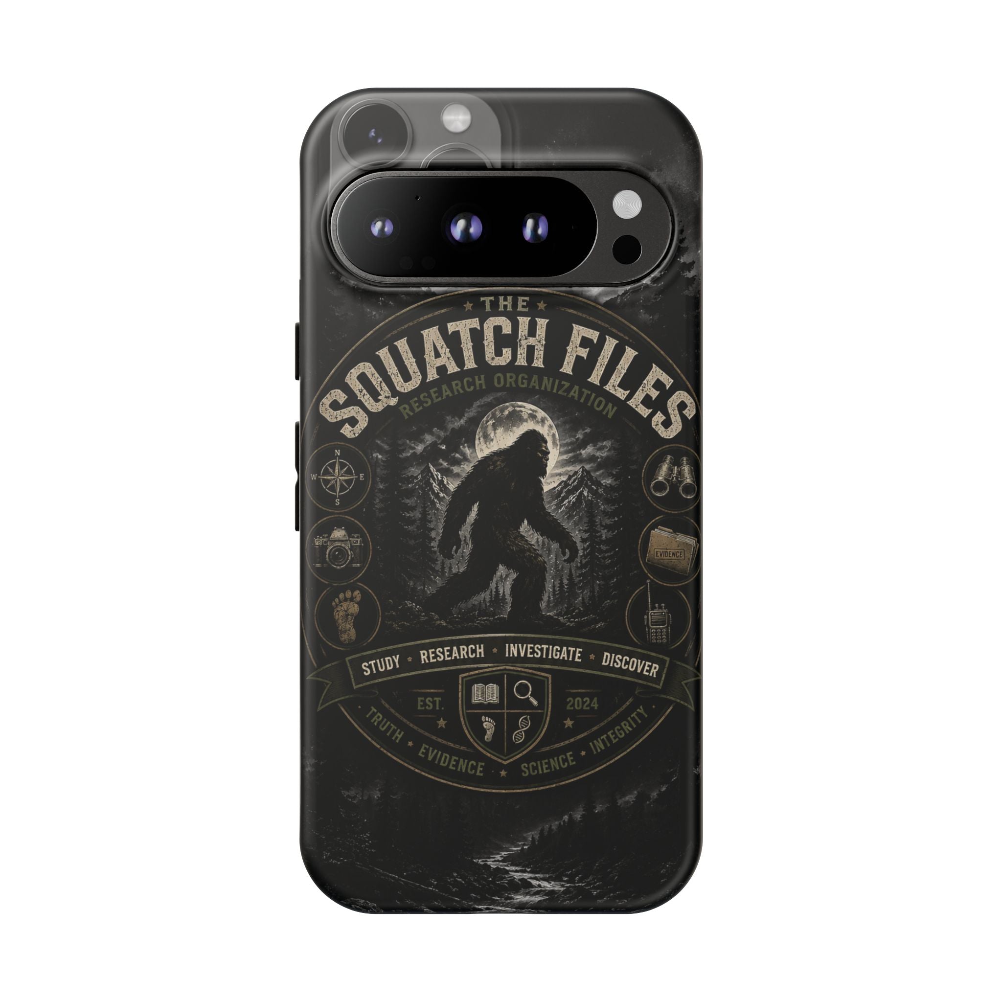 Squatch Files Research Organization Phone Case — Bigfoot Sasquatch Moonlit Forest Design