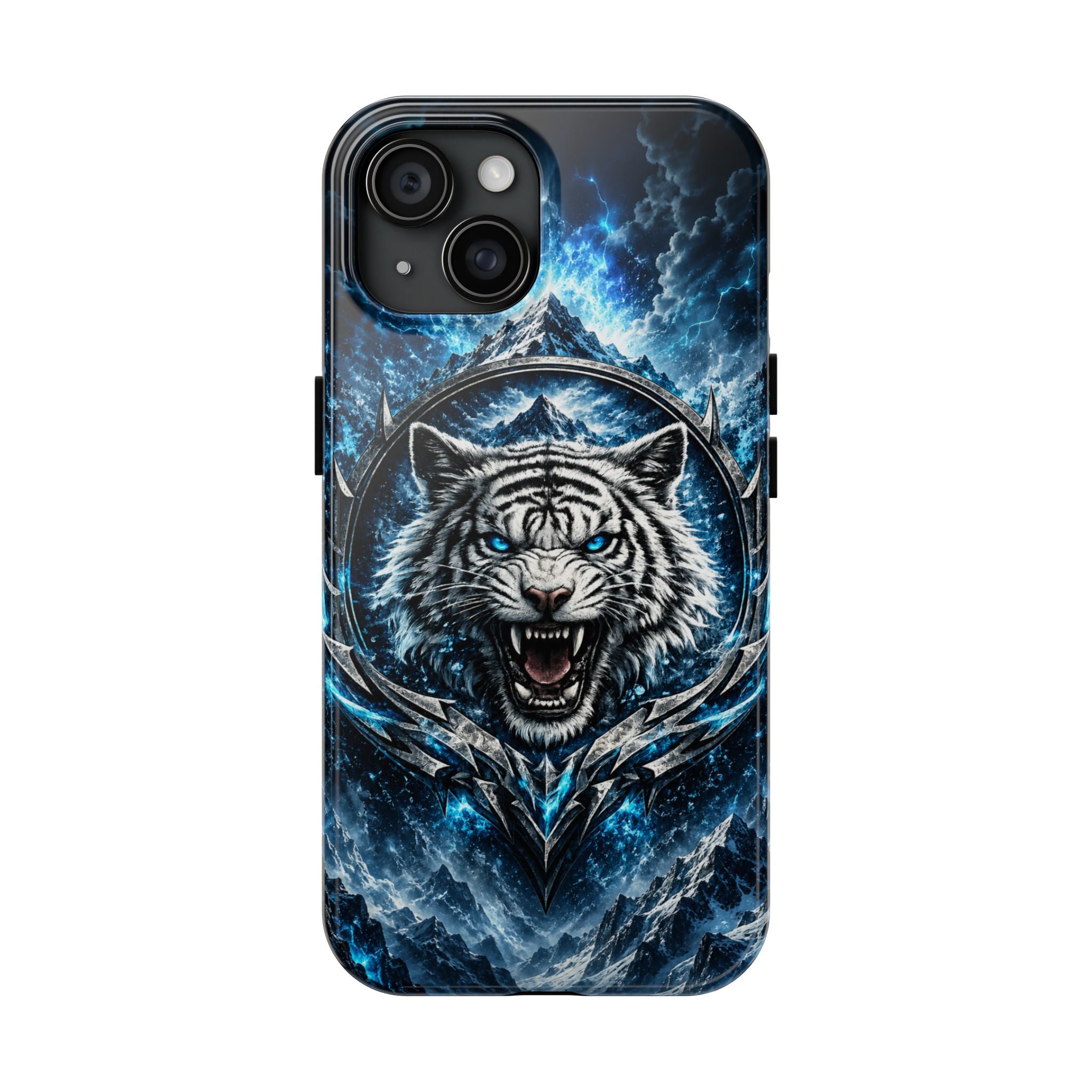 Blue White Tiger Tough Phone Case — Rugged Armor Cover with Fierce Snow Tiger Design