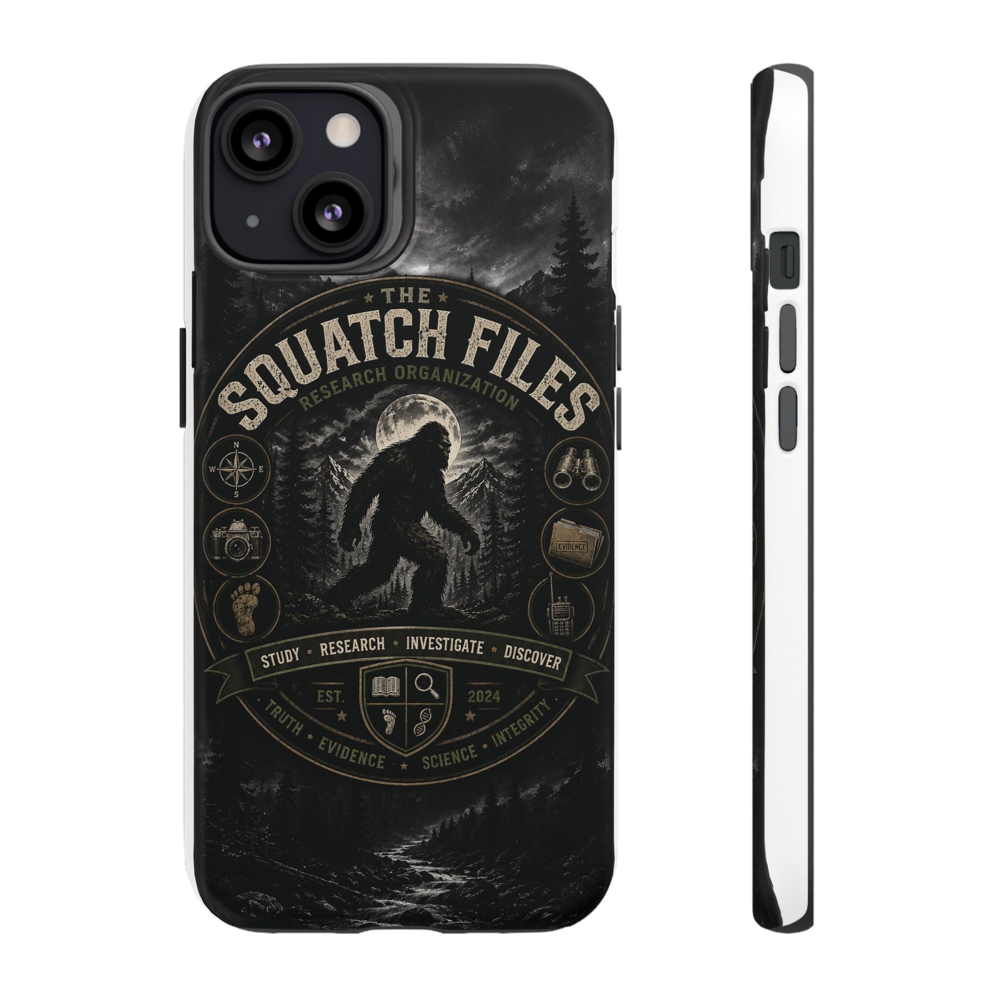Squatch Files Research Organization Phone Case — Bigfoot Sasquatch Moonlit Forest Design