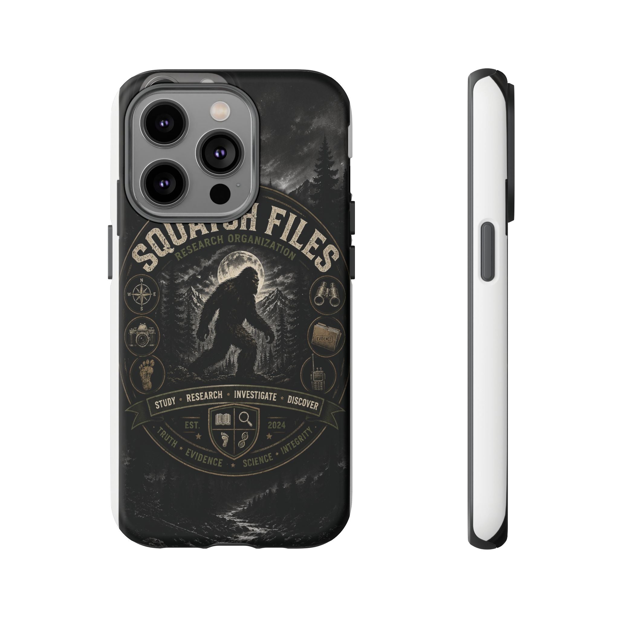 Squatch Files Research Organization Phone Case — Bigfoot Sasquatch Moonlit Forest Design