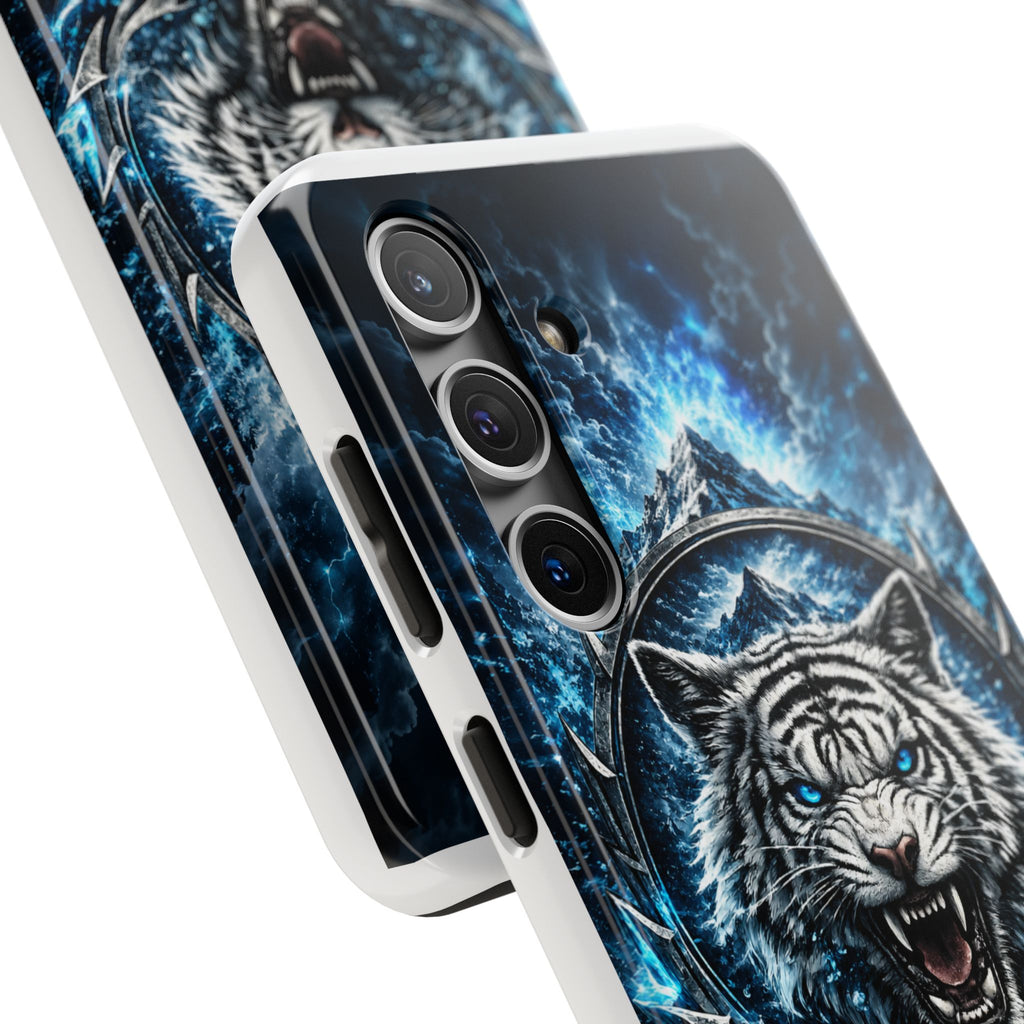 Blue White Tiger Tough Phone Case — Rugged Armor Cover with Fierce Snow Tiger Design