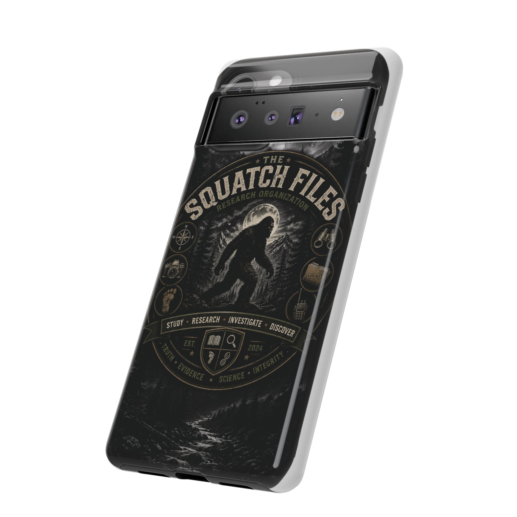 Squatch Files Research Organization Phone Case — Bigfoot Sasquatch Moonlit Forest Design