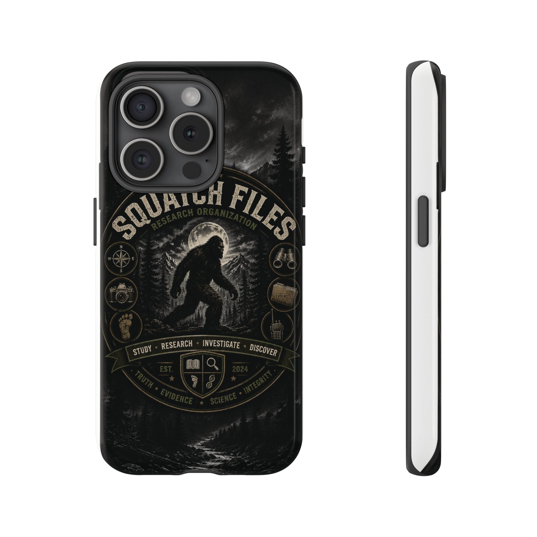 Squatch Files Research Organization Phone Case — Bigfoot Sasquatch Moonlit Forest Design