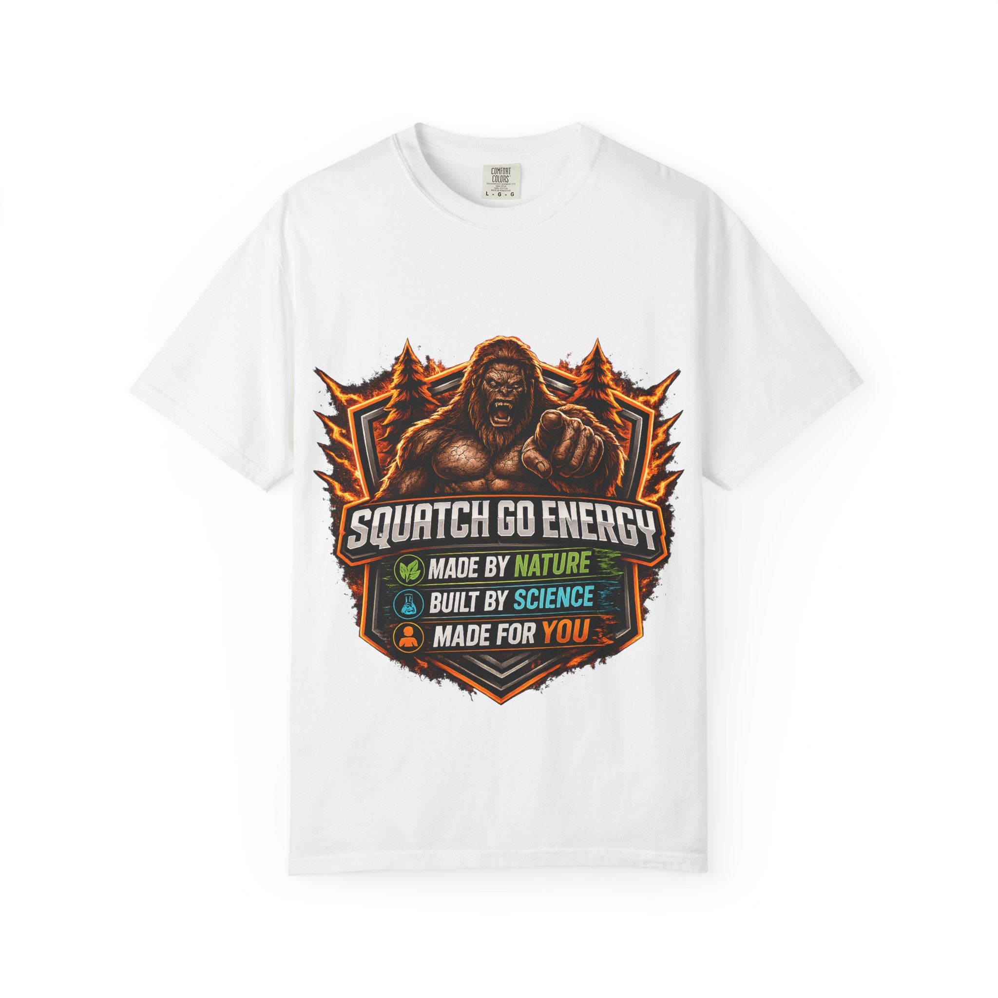 Squatch Go Energy T-Shirt — Sasquatch Vintage Badge Tee (Made by Nature • Built by Science)